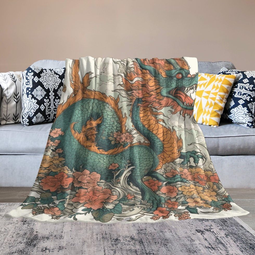 Couverture fleurs et dragons anti-froid légère en flanelle douce pour lit et canapé