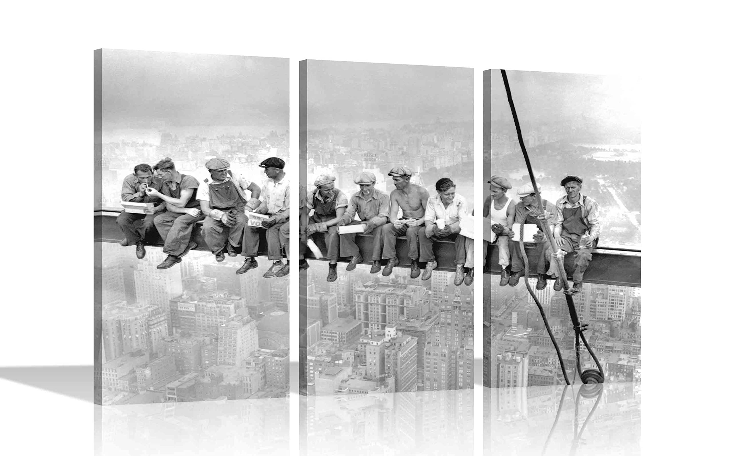 Artley Prints Black And White Lunch Atop A Skyscraper On 3 Panel Framed Canvas Wall Art Prints Home Office Livingroom Decor 61X30cm X 3 (24X12"X3)