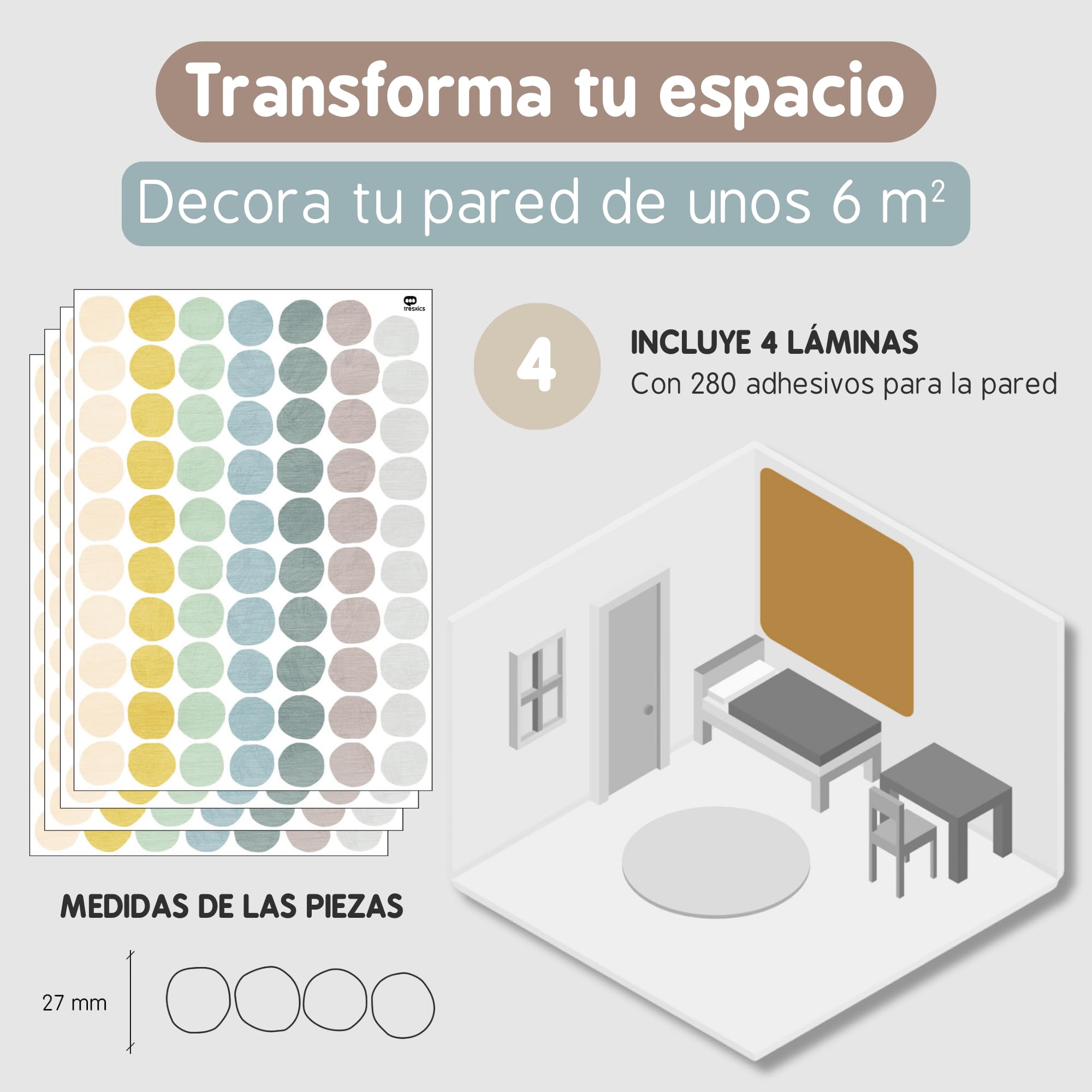 Pegatinas Pared Decorativas | Vinilo Adhesivo Pared Lunares a Lápiz | Efecto Papel Pintado | Cubre 6 m² | 280 piezas | TRESXICS (Azul)