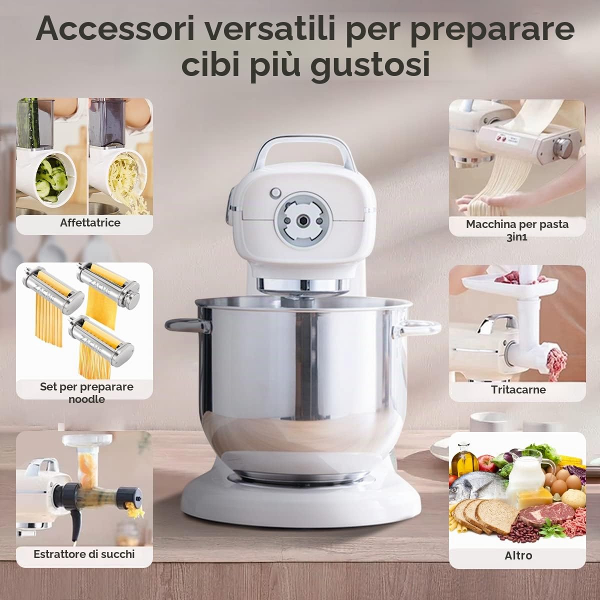ZACME Pastaio Elegance Impastatrice Planetaria a Presa Diretta, Robot da Cucina Mixer, Display LCD,11 velocità,1500 W, 7 Litri, Acciaio, Metallo, Bianco