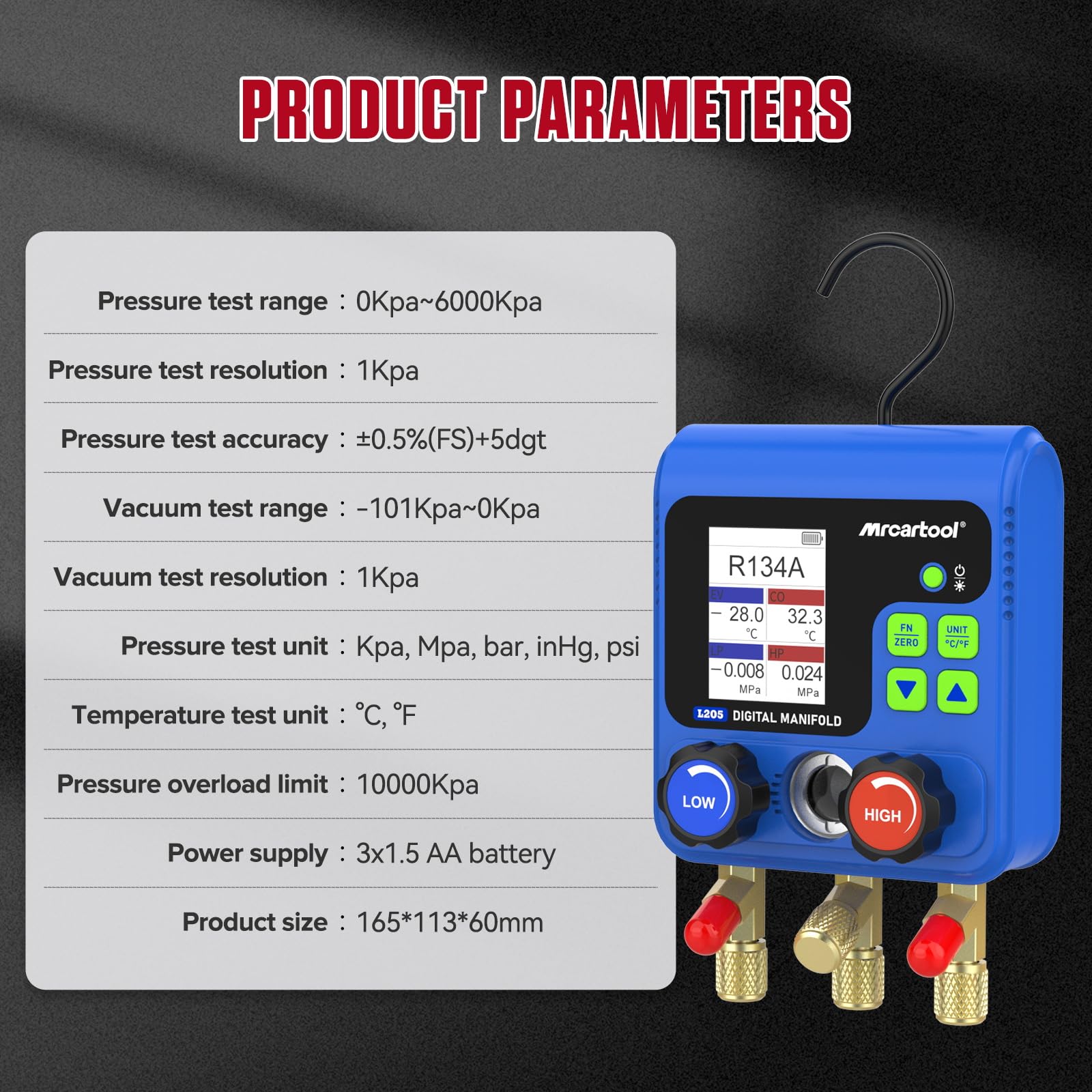L205 Digitales Kältemittelmessgerät Vakuumpumpe Klimaanlage 92 Kältemittel Daten Manifold Gauge Set Druck-Temperatur-Lecktester für HVAC Kältetechnik R134A R32 R410