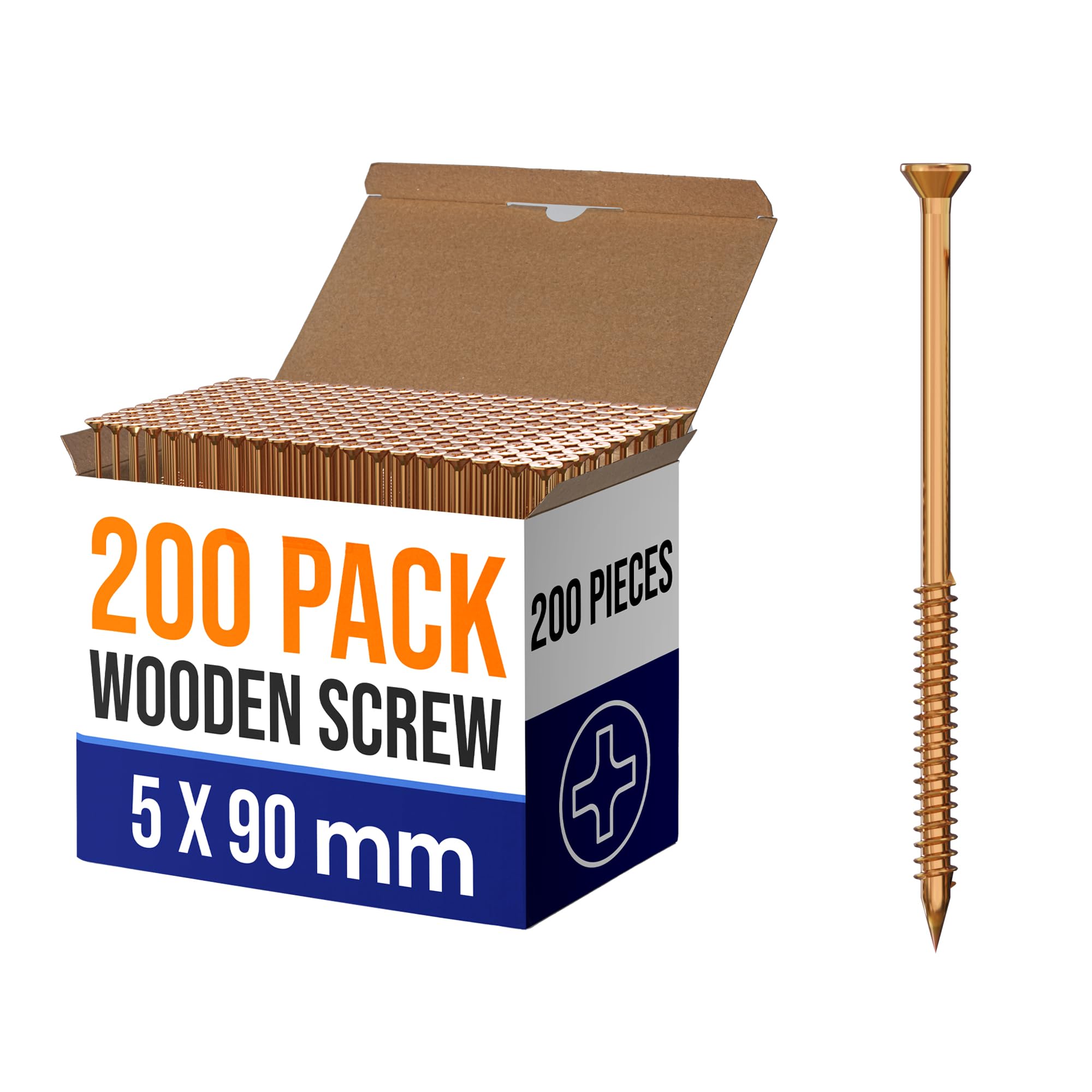Dc Voltage 5.0 X 90Mm 200Pcs Self-Tapping Wood Screws Flat Head Wood Screw Assortment Kit, M5 Thread Wood Screws,Finish Yellow Passivated Plated, Flat Self-Tapping Wood Screw Set