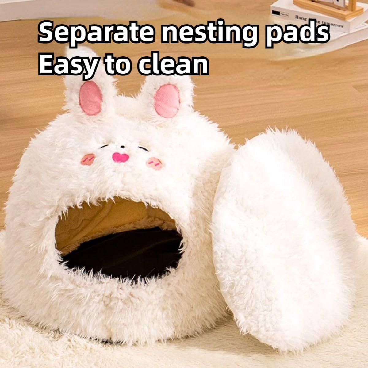 Animal Design Small Pet Bed Rabbit Bed for Kitten Chinchilla Pet Tent Cave with Removable Cushion Plush Half-Enclosed Warm House for Bunny Small Dogs Kitty Puppy Guinea Pig Sleeping (Brown,Small)