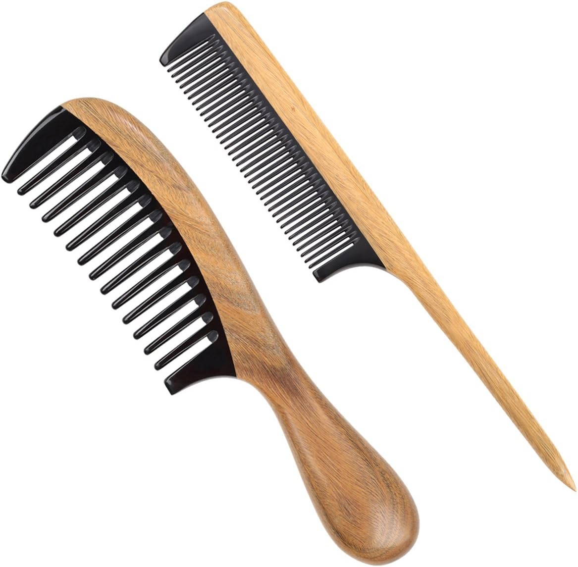 LWBTOSEE Wide Tooth Wood Comb,and Wooden Fine Tail Tooth Comb,100% Natural Green Sandalwood Anti Static Detangling Horn,For Thick, Curly And Wavy Hair(D)