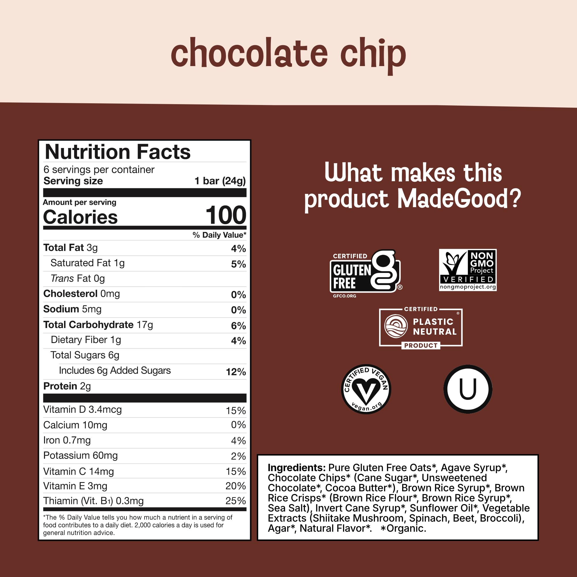 MadeGood Chocolate Chip Granola Bars 6 Healthy Snack Bars 0 85 oz Each — view 2