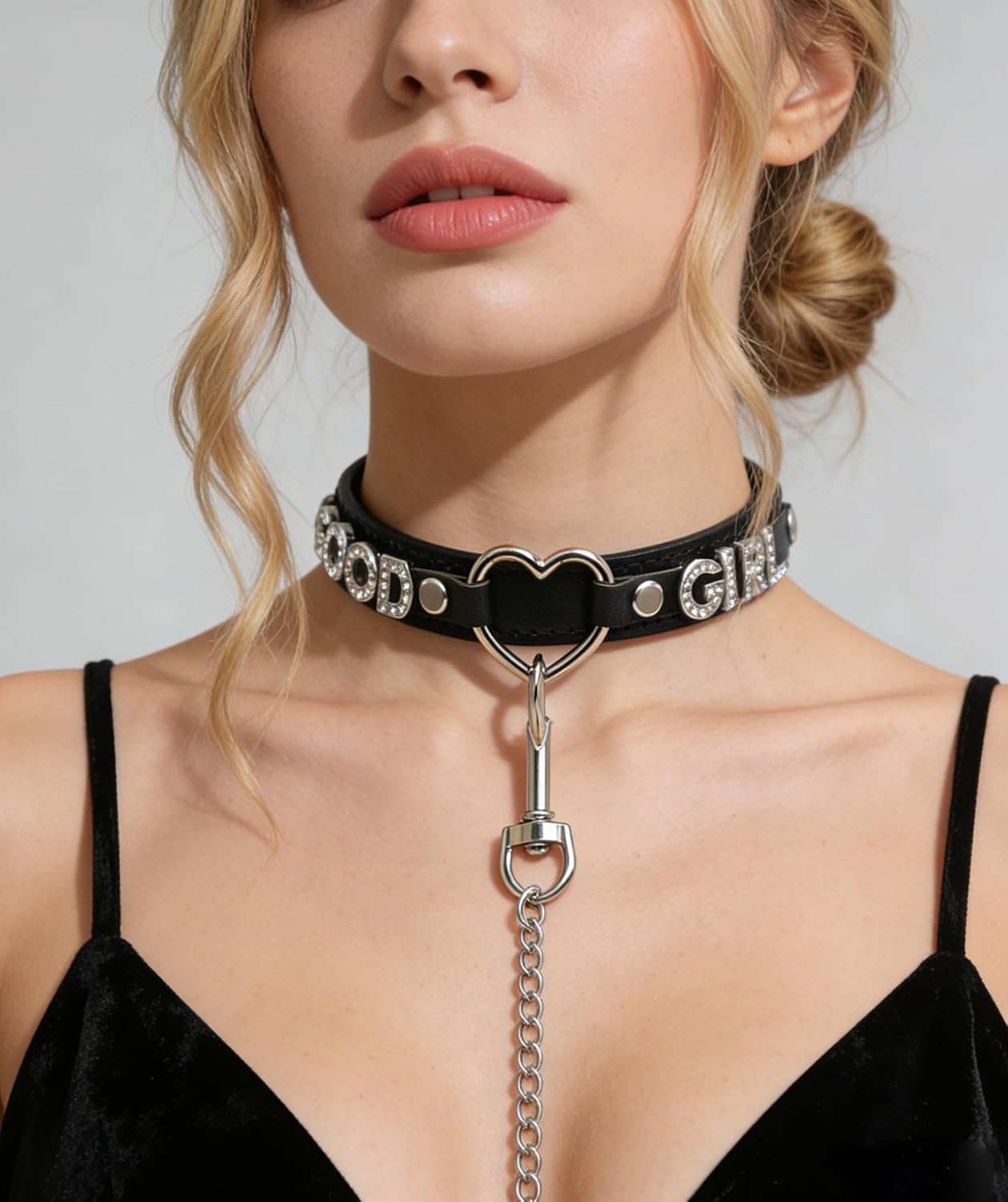 Black Choker Necklace Collar and Leash Set for Women,Gothic Punk Rave Cosplay Festival Leather Collar with Heart and Letter Naughty Jewelry