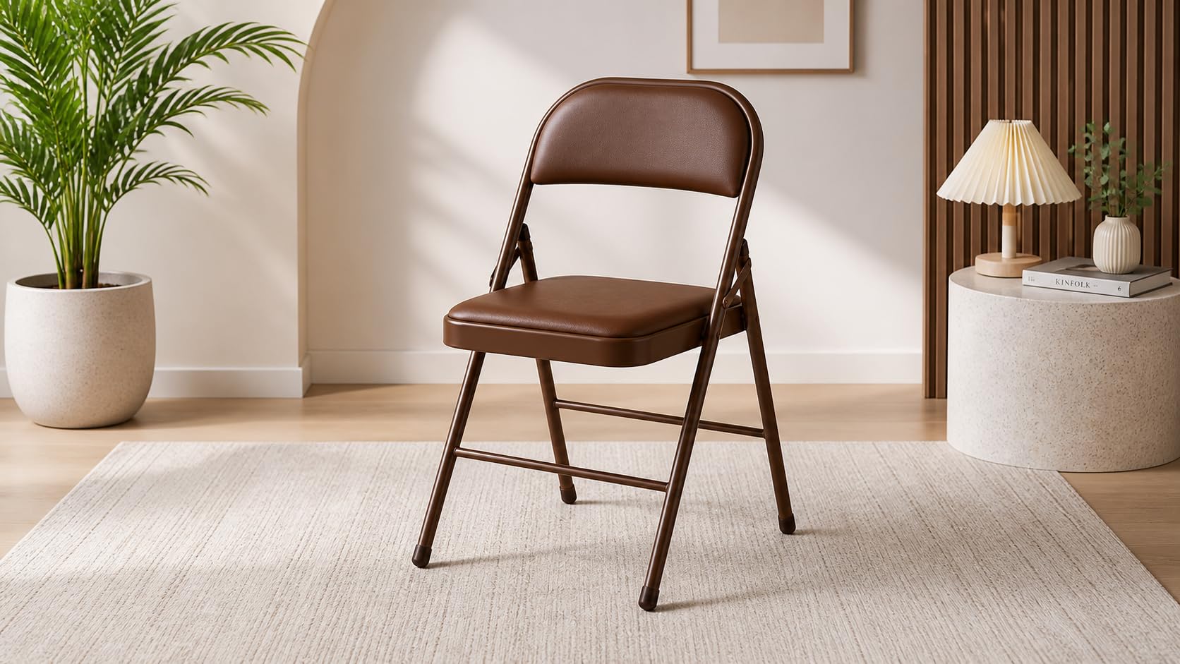 Foldable Metal Chair with Cushion Seat & Backrest | Heavy-Duty Steel Frame | Space Saving Portable Chair for Home, Office, Events (Brown)-image-19