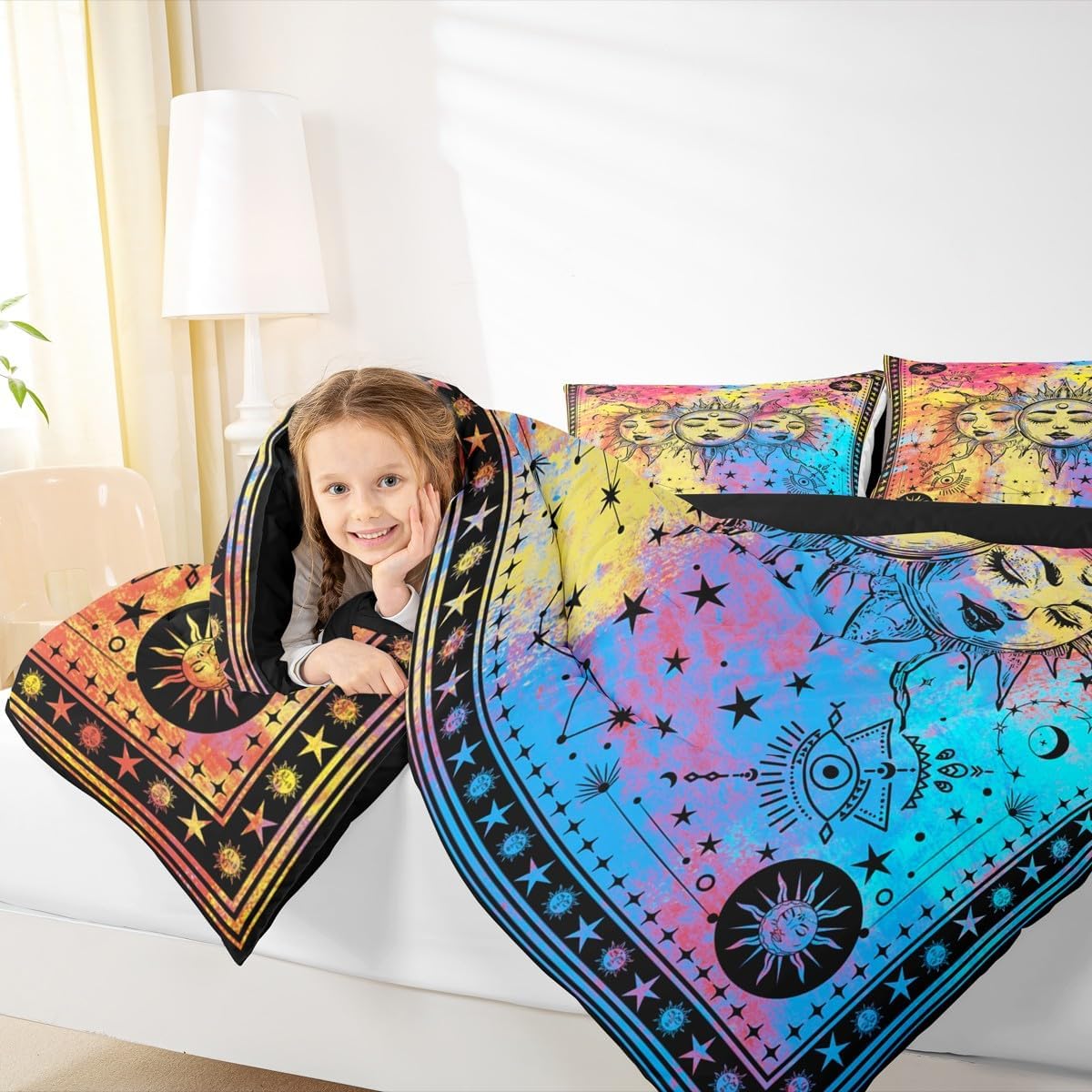 Erosebridal Boho Sun Moon Comforter Set Queen 3 Piece Rainbow Tie Dye Bedding Set Colorful Psychedelic Galaxy Duvet Set,Starry Night Decorations Quilted Comforter Trippy Celestial Constellation Duvet
