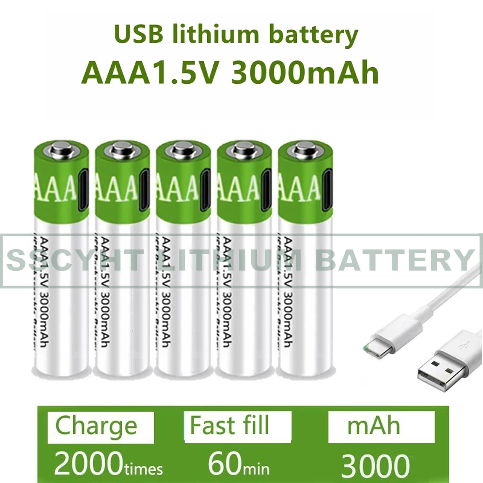 Batteria agli ioni di Litio AAA da 1,5 V a Ricarica Rapida 3000 mAh di Grande capacità con Cavo USB Batteria Ricaricabile Batteria al Litio Riutilizzabile 1200 Volte,5pcs 1.5v3000mah