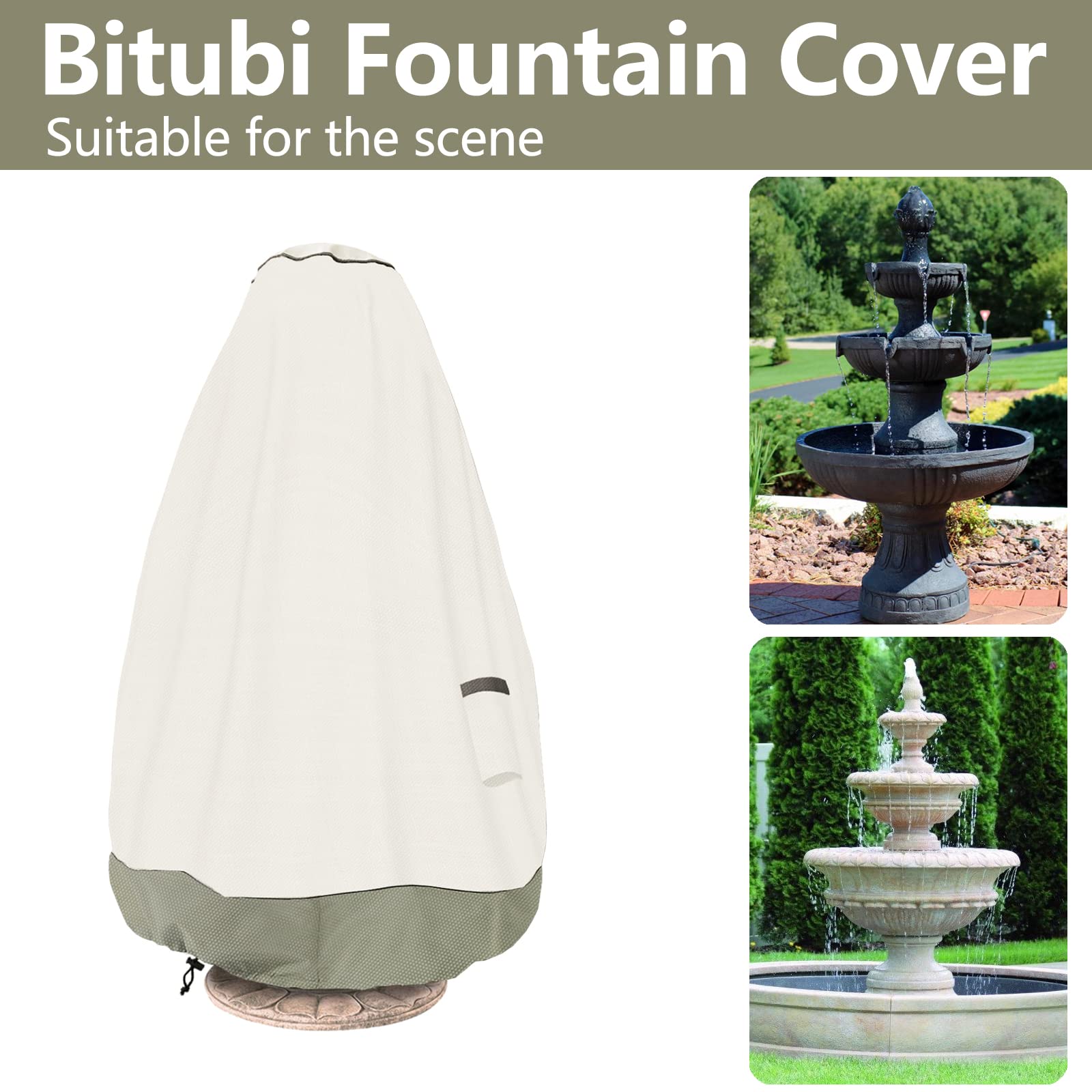 Bitubi Springbrunnen-Abdeckung (132,1 x 172,7 cm) 600D Oxford-Stoff Gartenbrunnen Statue Schutzhülle mit Kordelzug Wasserdicht Winddicht Springbrunnen Schutz