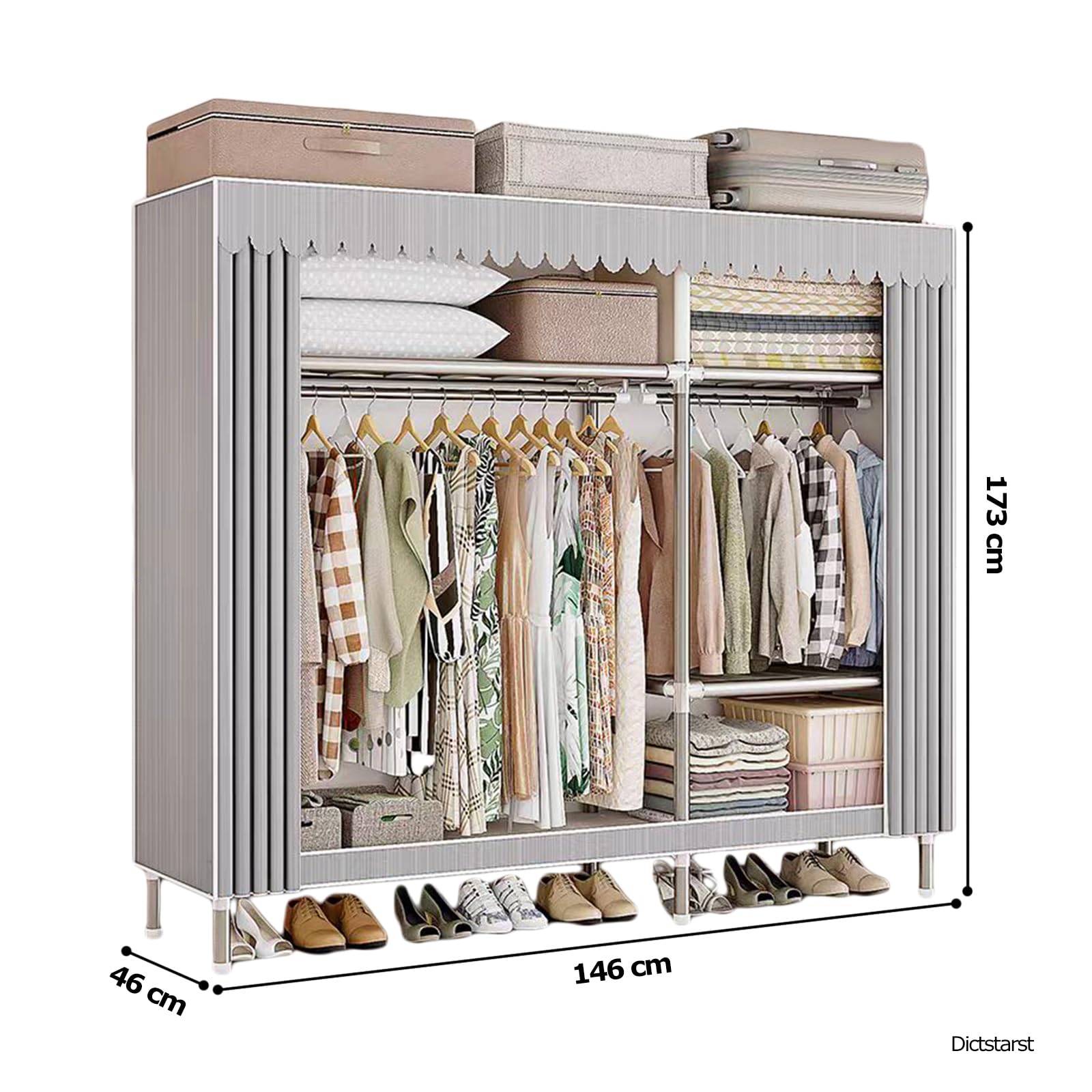 Armadio In Tessuto, Guardaroba Pieghevole Con Barra Di Sospensione, Appendiabiti, Scaffale Per Borse, Scarpe, Soggiorno, Camera Da Letto, 146x46x173cm, Grigio Tutta L'interfaccia In Lega