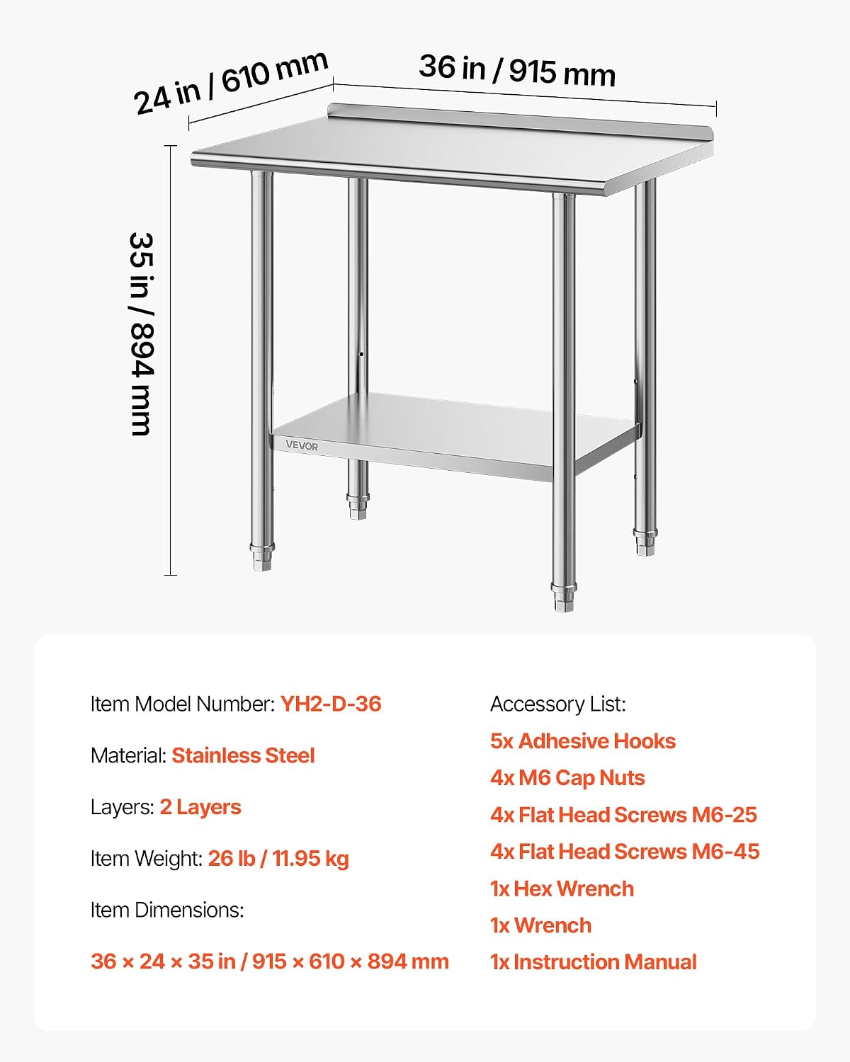 VEVOR Stainless Steel Work Table, 24x36 Inch Food Prep Table with Backsplash, Commercial Kitchen Workstation with Adjustable Undershelf, Metal Heavy Duty Utility Worktable, for Restaurant Home Outdoor