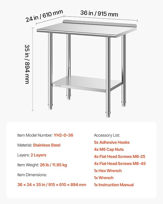 VEVOR Stainless Steel Work Table, 24x36 Inch Food Prep Table with Backsplash, Commercial Kitchen Workstation with Adjustable Undershelf, Metal Heavy Duty Utility Worktable, for Restaurant Home Outdoor