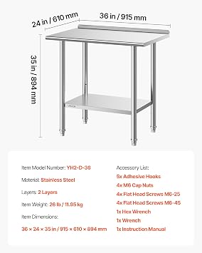 VEVOR Stainless Steel Work Table, 24x36 Inch Food Prep Table with Backsplash, Commercial Kitchen Workstation with Adjustable Undershelf, Metal Heavy Duty Utility Worktable, for Restaurant Home Outdoor