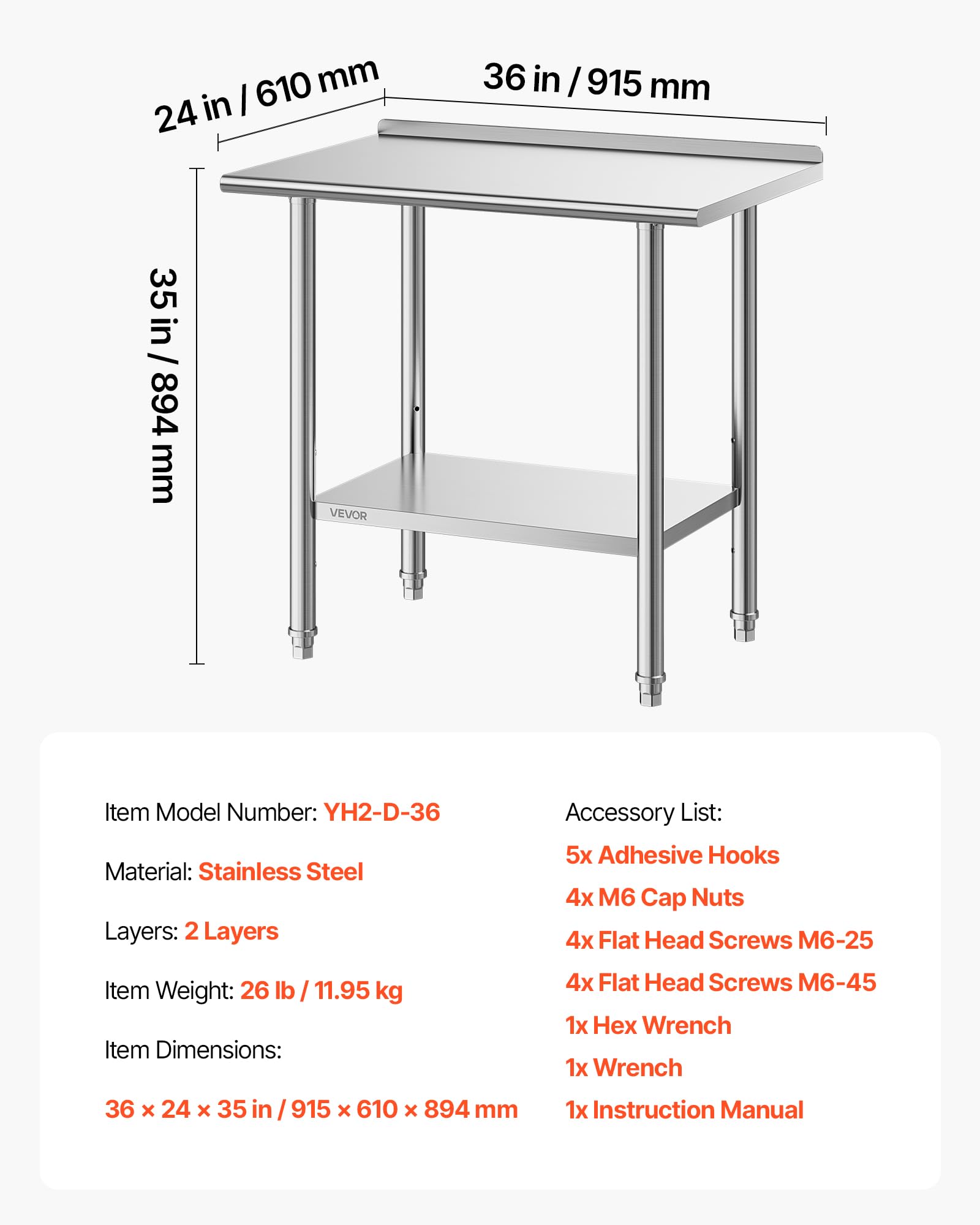 VEVOR Tavolo da Lavoro per Ristorazione in Acciaio Inox Senza Ruote, Tavolo per Preparazione da Cucina 915 x 610 x 894 mm Alzatina, Banco Cucina Ripiano Sotto Portaoggetti 227 kg, Ristorante, Hotel