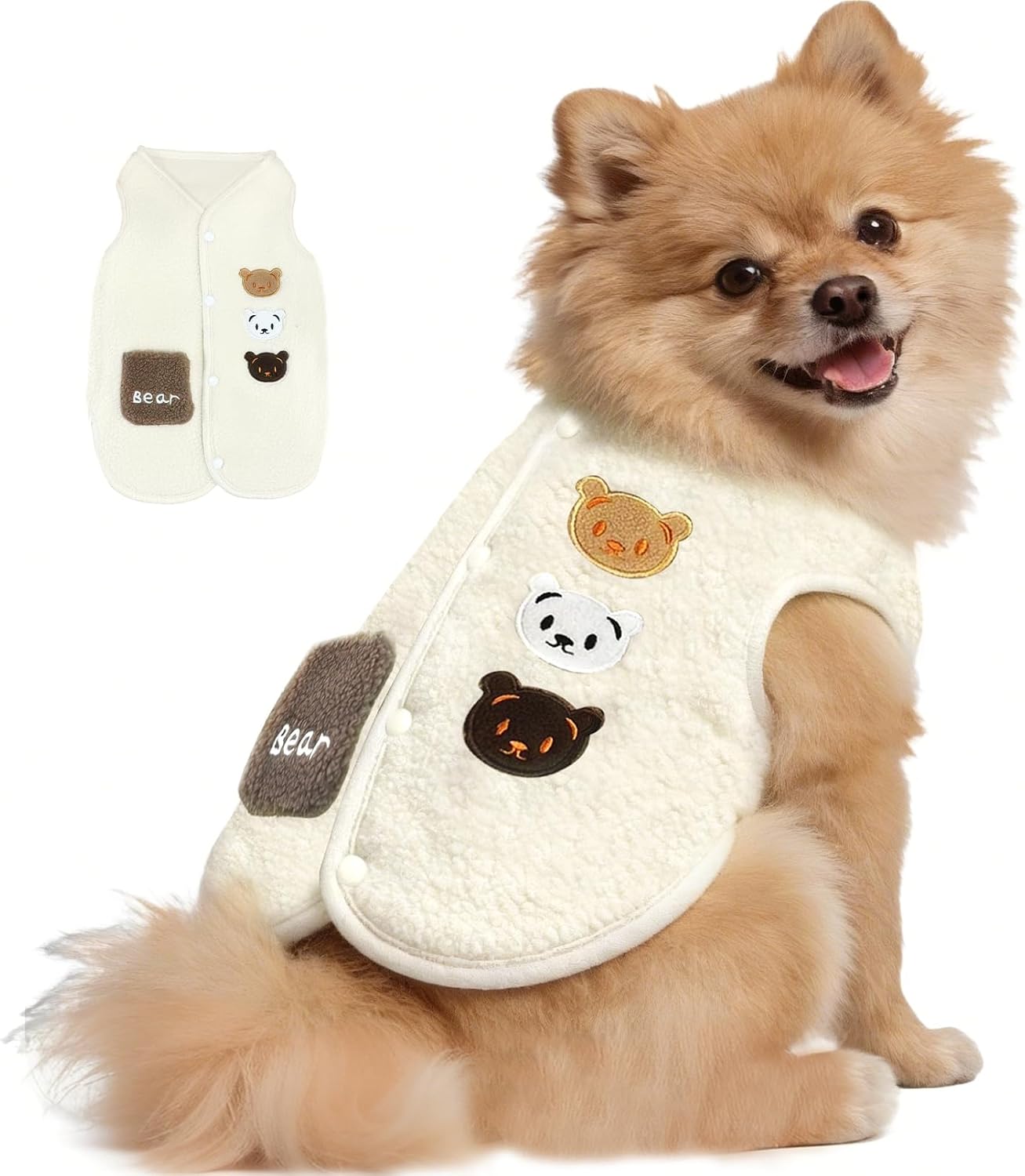 Dog Fleece Vest Sweater Button-Up Warm Pullover Step-in Dog Jacket with Bear Pattern, Winter Cold Weather Coat Clothes Hoodie for Small Medium Dogs Puppy Boy Girl(White, M(8 to 12 lbs))
