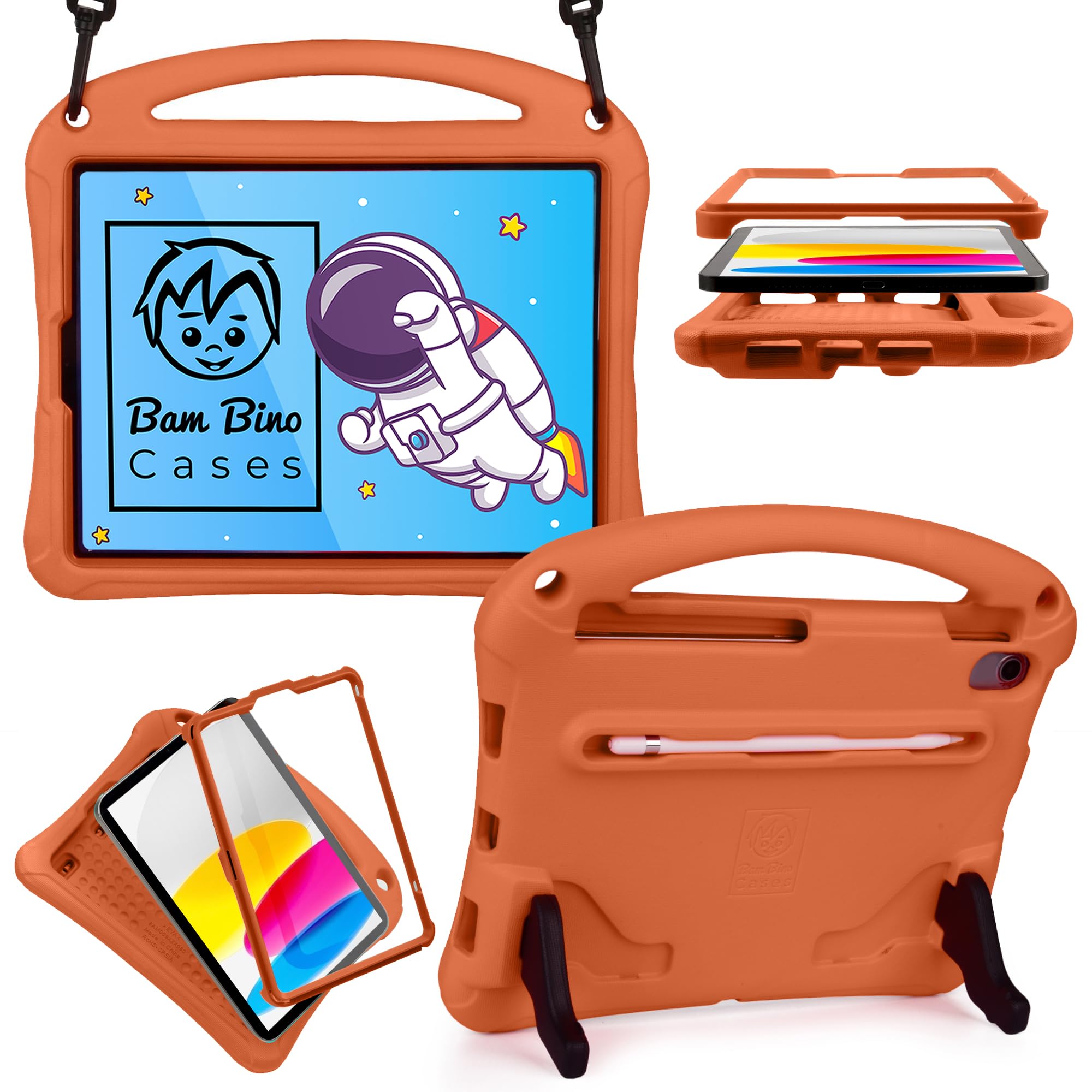 Bam Bino Space Suit Protective Kids Case for iPad Mini 7 (2024), iPad Mini 6 (2021), iPad Mini 6th Generation, Case for Kids with Screen Protector, Penic Holder & Shoulder Strap Dual Stand (Tangerine)