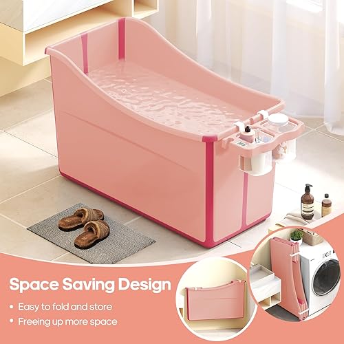 Miniatura 6 de Bañera plegable para bebé, bañera plegable para niños pequeños, portátil, grande, plegable, con termómetro y cesta de almacenamiento (rosa)