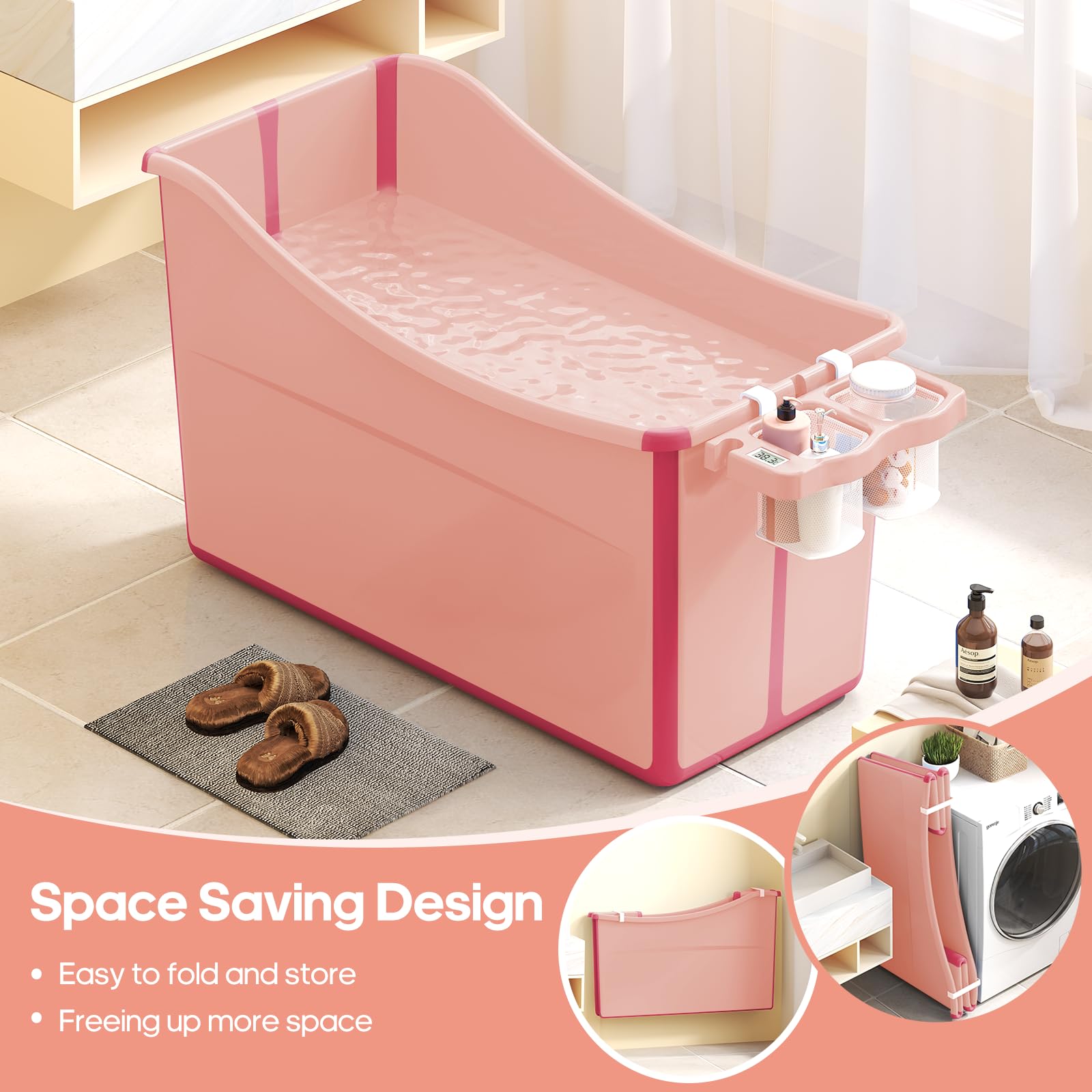 Bañera plegable para bebé portátil con termómetro y almacenamiento (rosa)