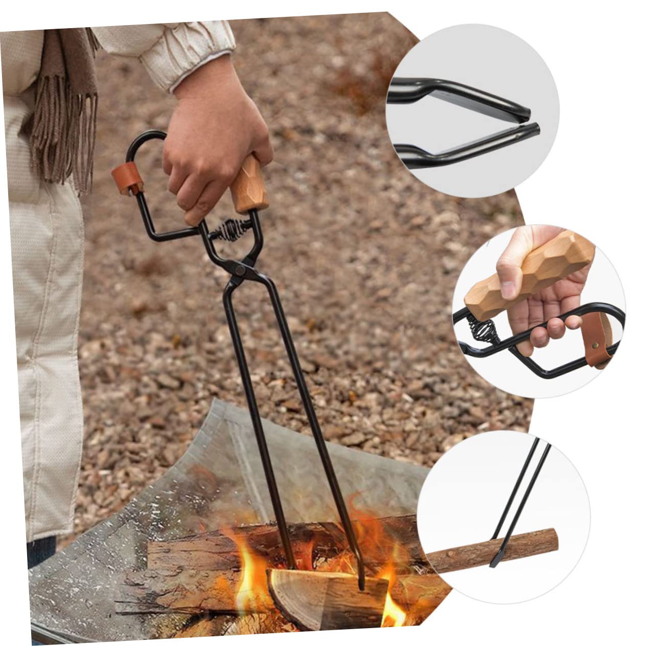 Pinza per Carbone da Barbecue in Ferro e Legno, 1 Pezzo | Nera, Uso Cucina e Picnic, Leggera e Robusta, Impugnatura in Pu per Presa Stabile