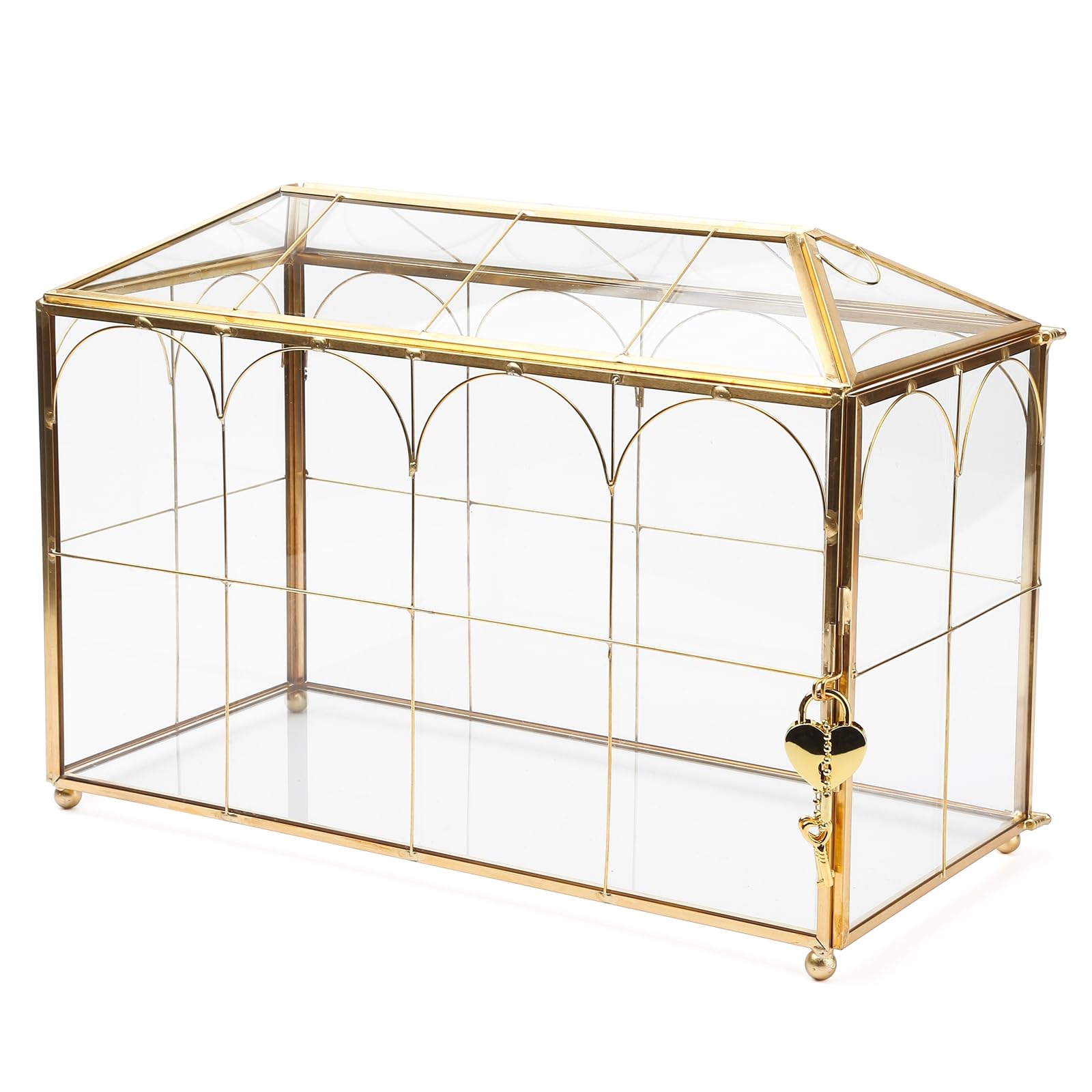 32 cm Glas-Kartenbox Hochzeitskartenbox mit Schloss für Hochzeitsempfang Kosmetik Wohnkultur, handgefertigtes großes geometrisches Terrarium mit Scharnierdeckel, Messingrahmen – (Golden/Haus)