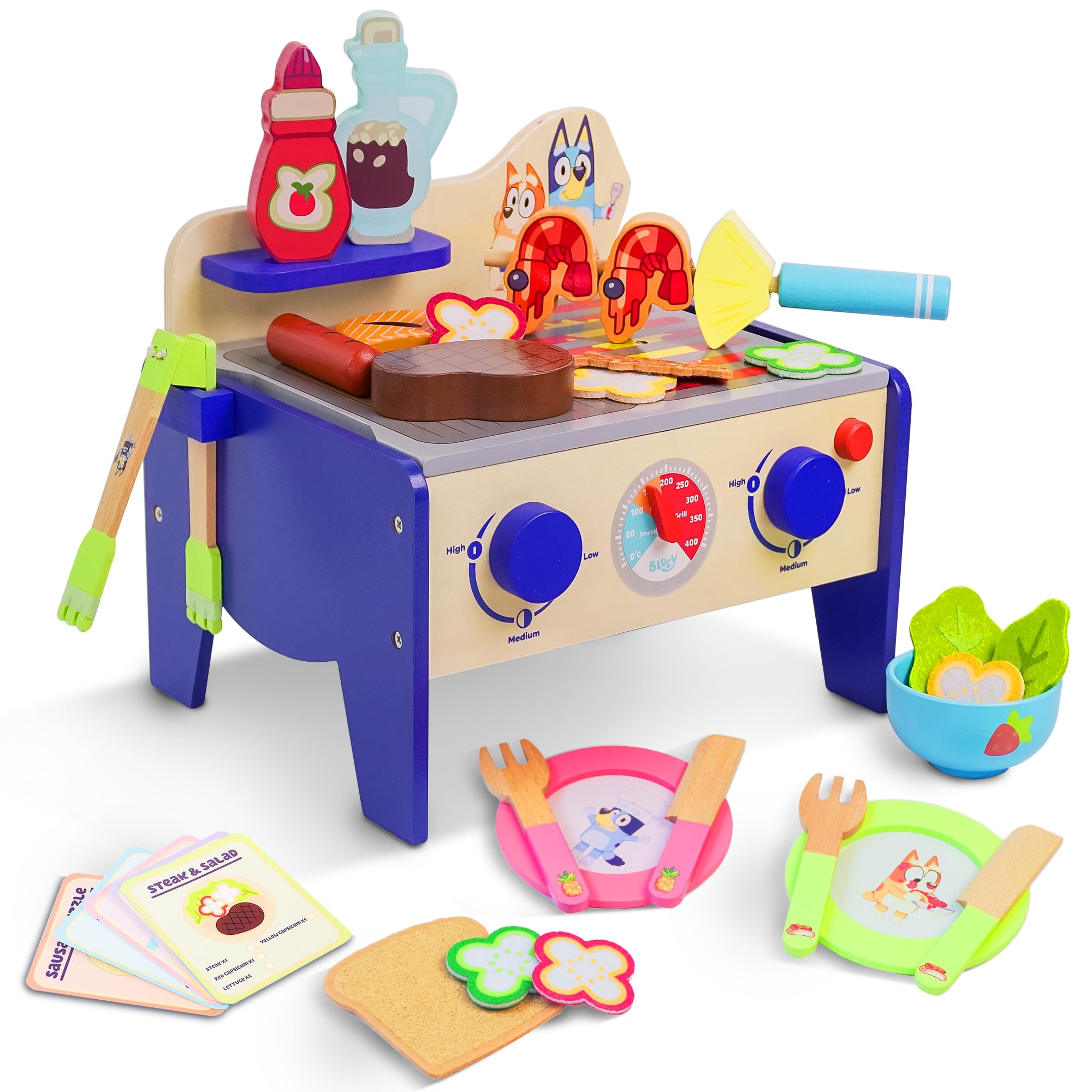 Bluey Wooden BBQ & Salad Playset - 33-Piece Colourful Role-Play Grill Set with Tongs & Food Pieces, FSC-Certified Wood, Realistic Pretend Cooking Toy for Kids 3+, Durable & Eco-Friendly