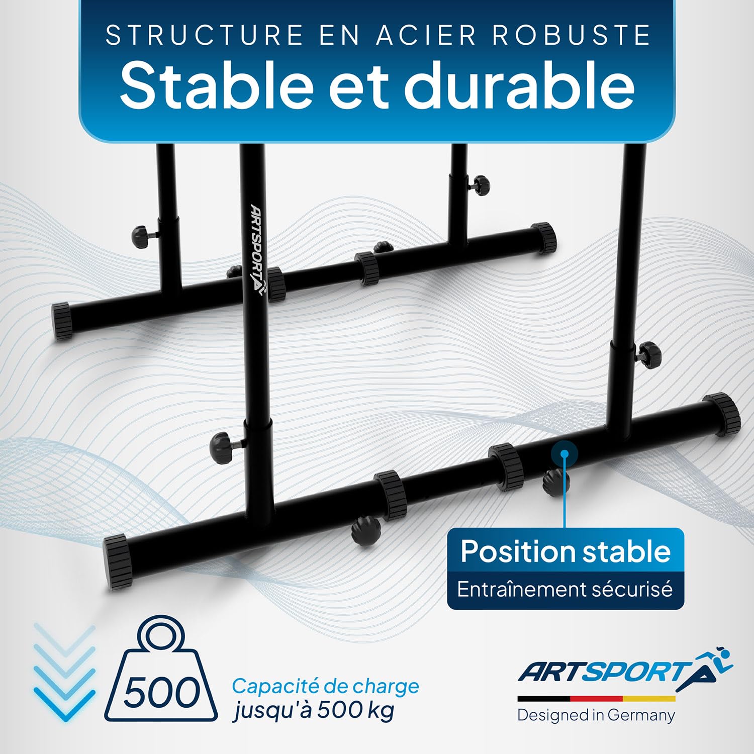 ArtSport Barres à Dips - Station de Dips jusqu'à 500 kg - Barres de Pompes - Barre Fitness Réglable - Push Up Bar Maison - Noir