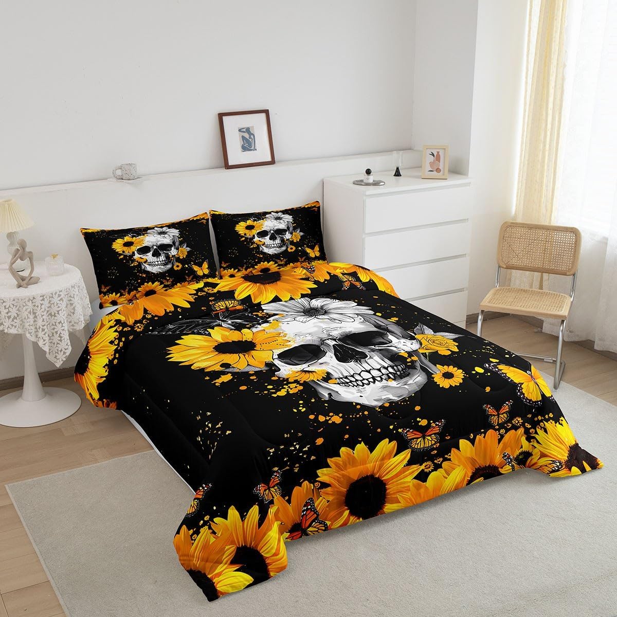Feelyou Sunfloral Skull Bedding Set Sunflower Butterfly Skull Comforter Set Gothic Skull Comforter for Boys Girls Skeleton Duvet Set Twin Size with 1 Pillow Case Boys