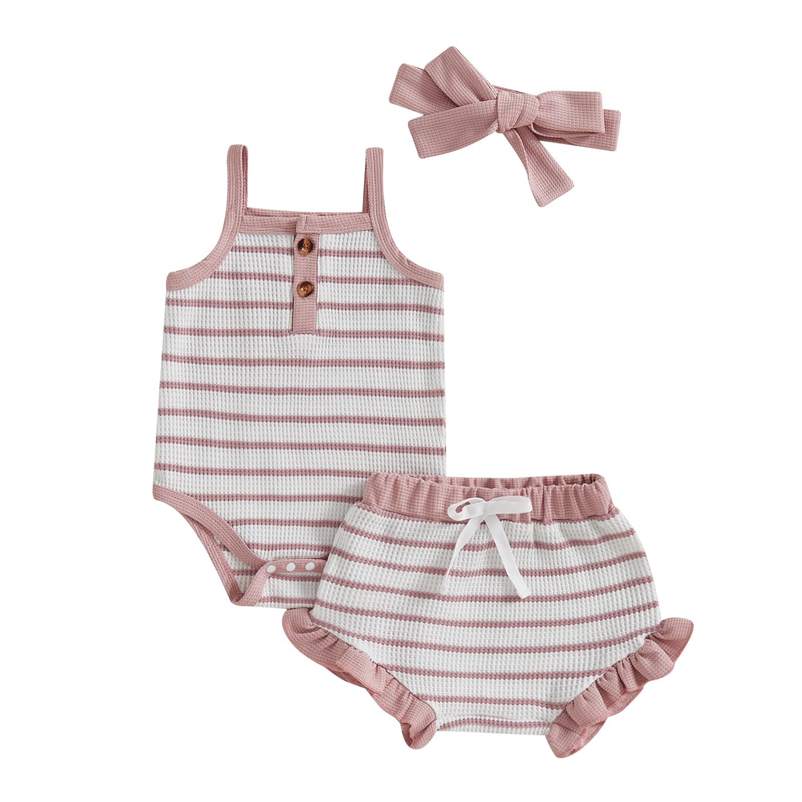 ZAXARRA Infant Baby Girl Summer Outfit Sleeveless Cherry Print Waffle Romper Ruffle Shorts Bow Headband Cute Shorts Set (Pink1, 0-3 Months)