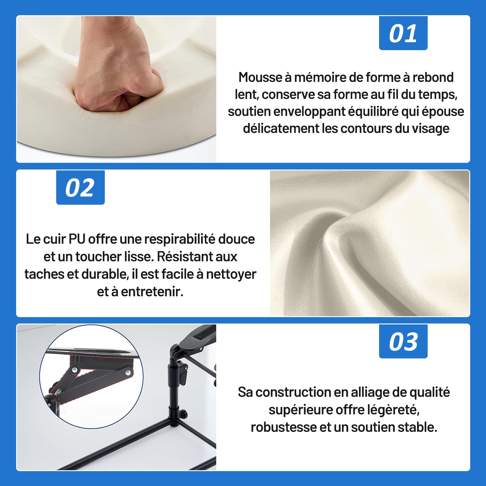 Perfeclan Oreiller de Massage Facial avec Support Réglable, Appui-Tête Ergonomique pour Matelas, Hauteur Ajustable, Kit de Massage Facial Complet avec Planche Mains et Coussin Cuir PU, Beige Blanc