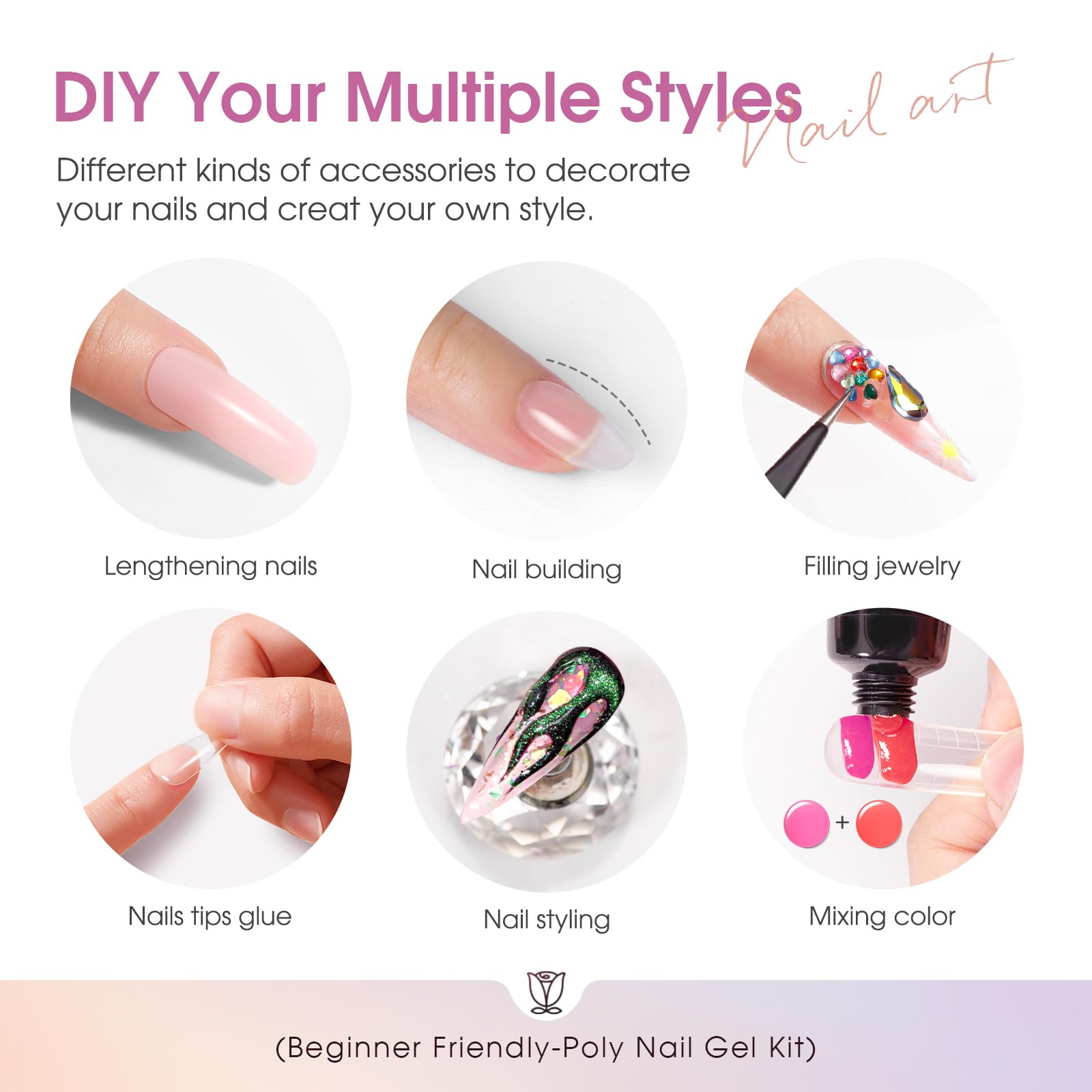 ROSALIND Acrygel Kit Complet, 16 Couleurs 10 ml Gel pour Extension d’Ongle Avec Lampe UV, Base & Top Coat et Outils de Manucure, Gel Construction Ongle UV Set de démarrage pour DIY Nail Art