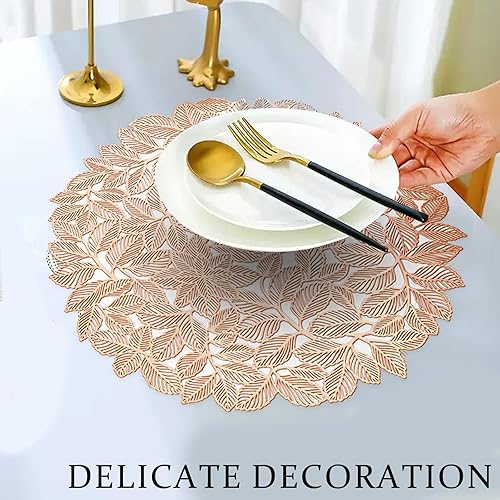 Miniatura 4 de Juego de 4 manteles individuales de hoja dorada, manteles individuales huecos redondos metálicos resistentes al calor, manteles individuales de