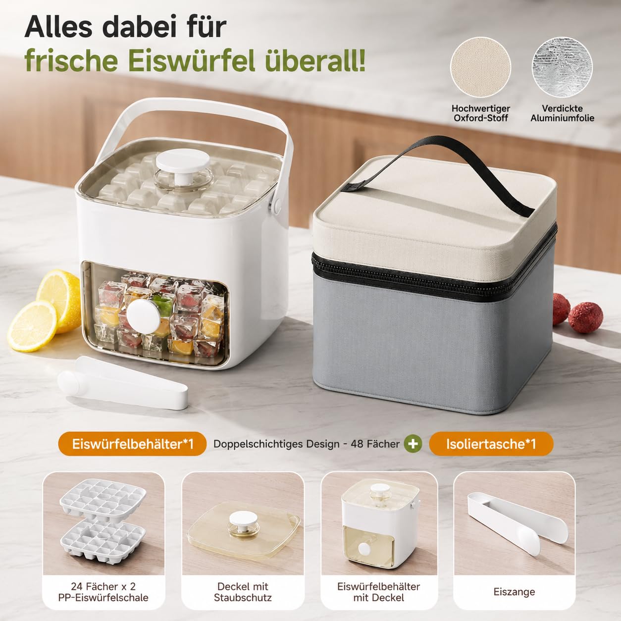 Tragbarer EiswüRfelbereiter Mit Deckel & Aufbewahrungsbox, 48 EiswüRfel, Behalter, Doppellagig, Schnelleis Mit Nureinemknopfdruck, FüR Camping, Roadtrips Oder Gartenpartys (Blau+Isoliertasche)