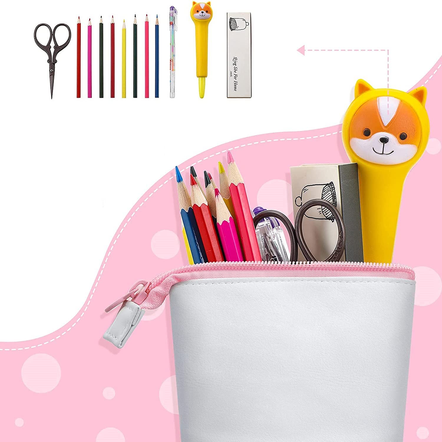 Qezodsx 3 Pieces Telescopic Pencil Case Standing Stationery Pencil Holder Canvas Dual-Use -Up Stand Pencil Bags with Zipper B - Image 3