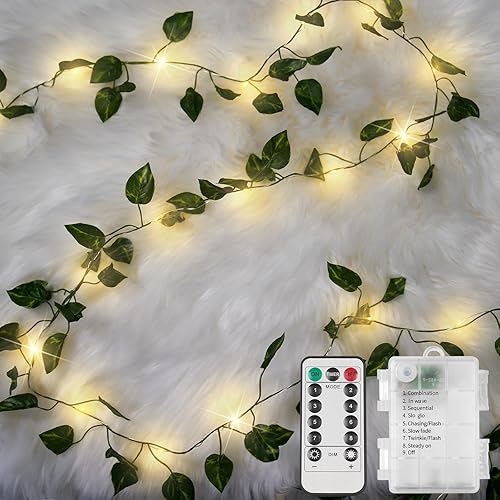 suddus Vine with Fairy Lights Battery Operated, 33ft100 LED Pothos String Lights with Remote, Leaf Lights for Bedroom, Room, Wall, Garden, Party, Wedding Decor(Warm White) - 100 LED-Battery-Powered Copper Wire - Pothos