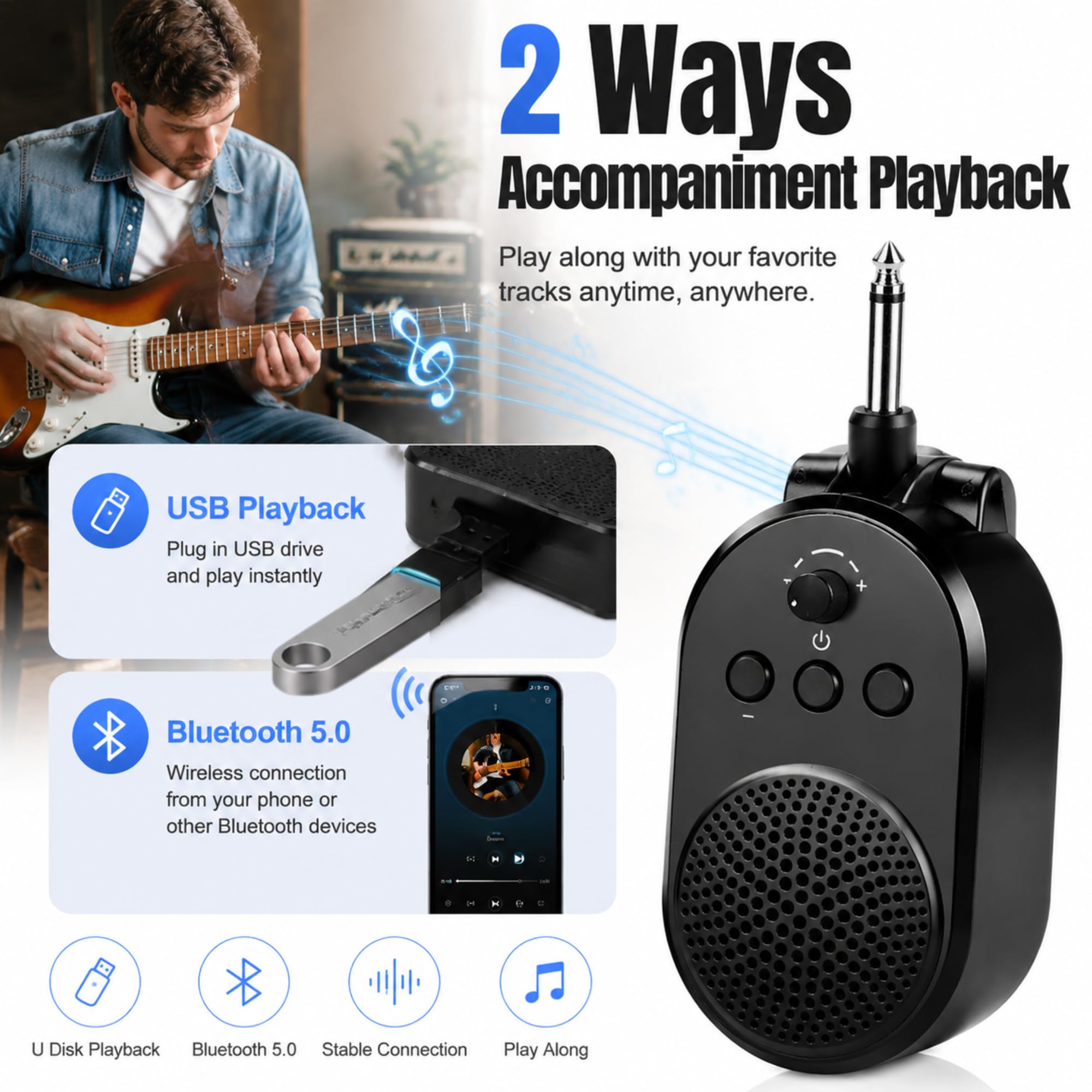 Mini Amplificatore per Chitarra 5W Bluetooth 5.0 Amplificatore Portatile Plug-in USB Ricaricabile Ruotabile a 270° con Interfaccia di Ingresso Audio TRS 1/4 (6,35 mm) p