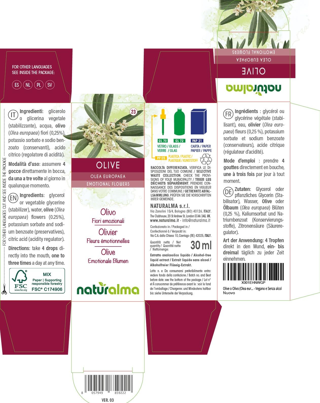 Olive o Olivo (Olea europaea) Flores emocionales o Flores de Bach Naturalma - Gotas 30 ml - Extracto líquido sin alcohol - Esencias florales - Vegano