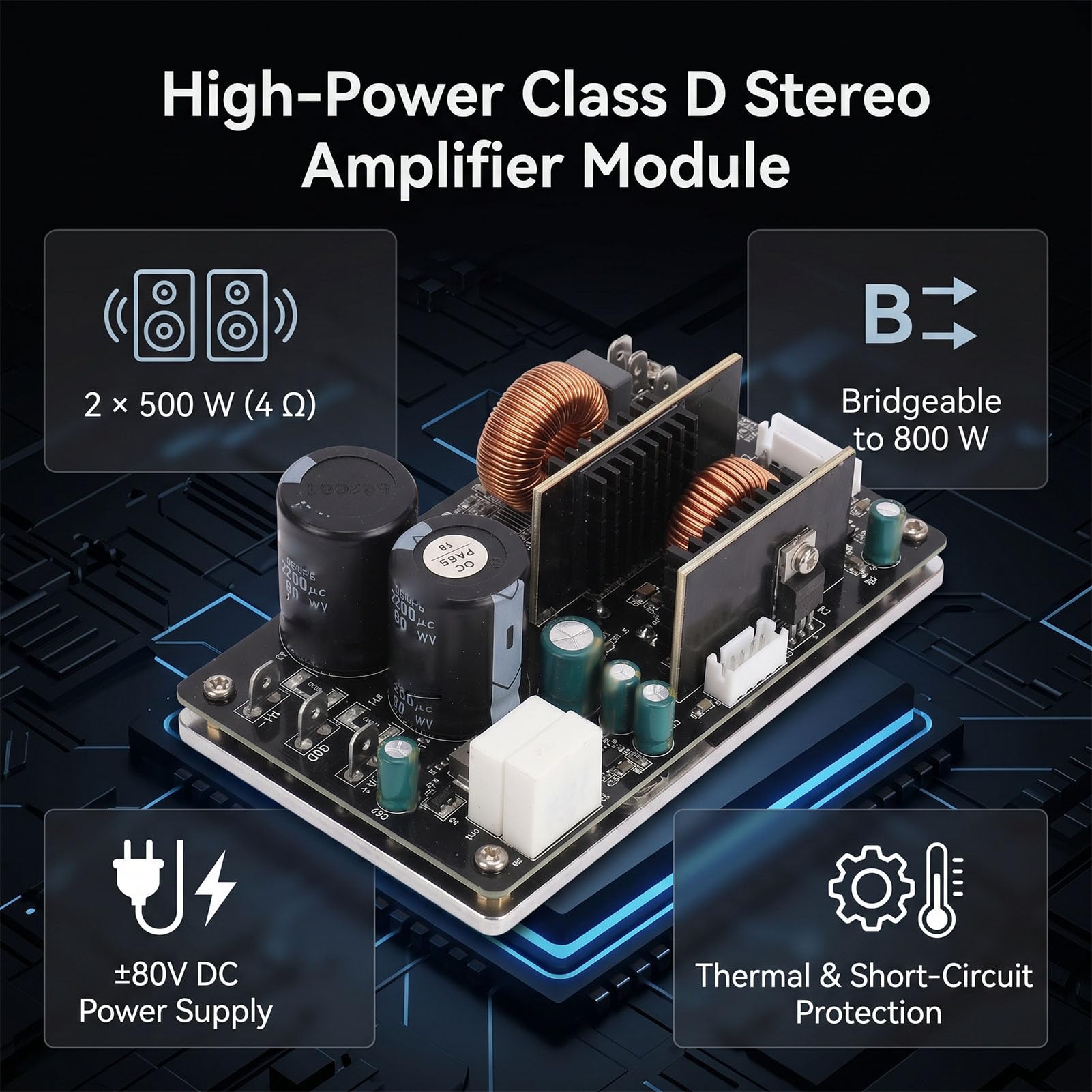 banapoy Scheda Amplificatore per Altoparlanti Fai da Te Home Theater, di Potenza Digitale Stereo Classe D a Doppio Canale 500W+380W, Collegabile a Ponte 8Ω 800W, 0-35kHz