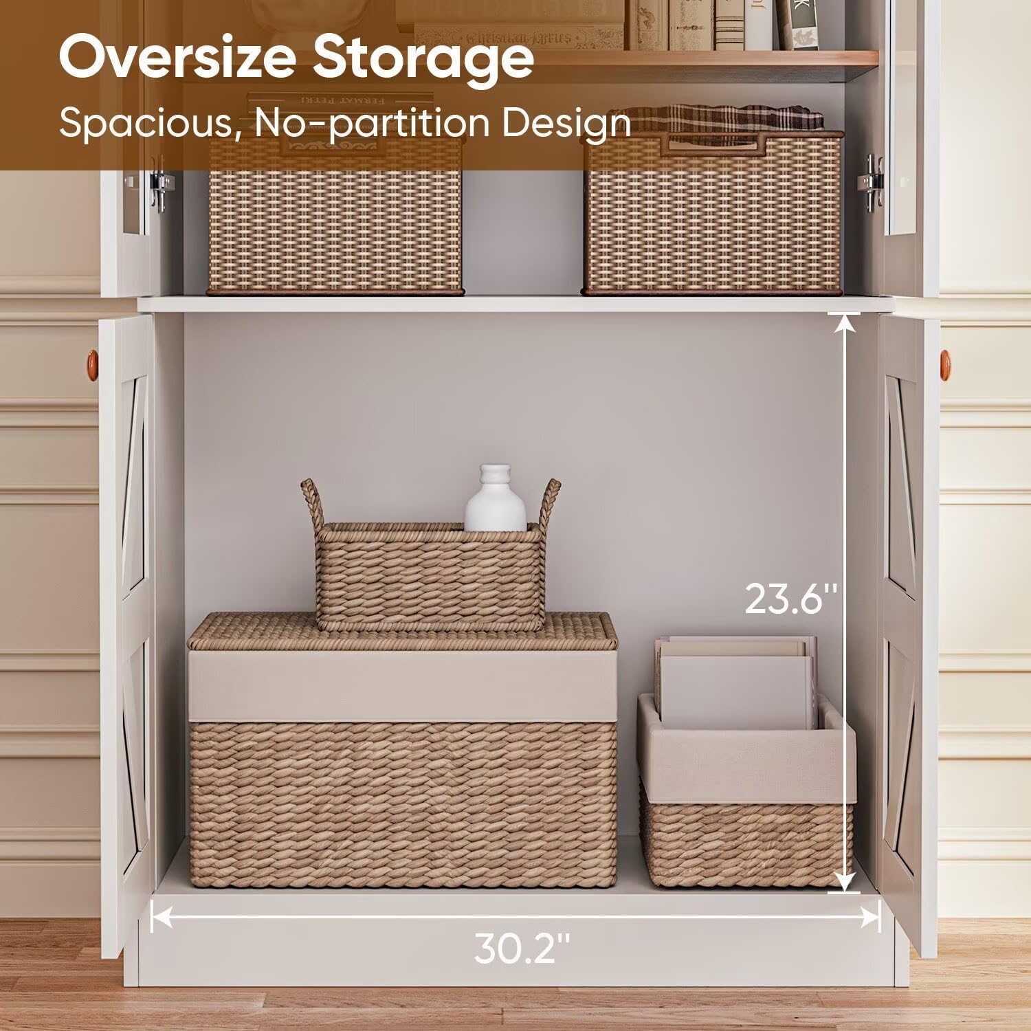 Vyre 71" Tall Farmhouse Kitchen Pantry, Rustic White Storage Cabinet with Glass Doors & Adjustable Shelves, Large Versatile Wood Hutch for Living Room & Dining Room, 4 Pcs