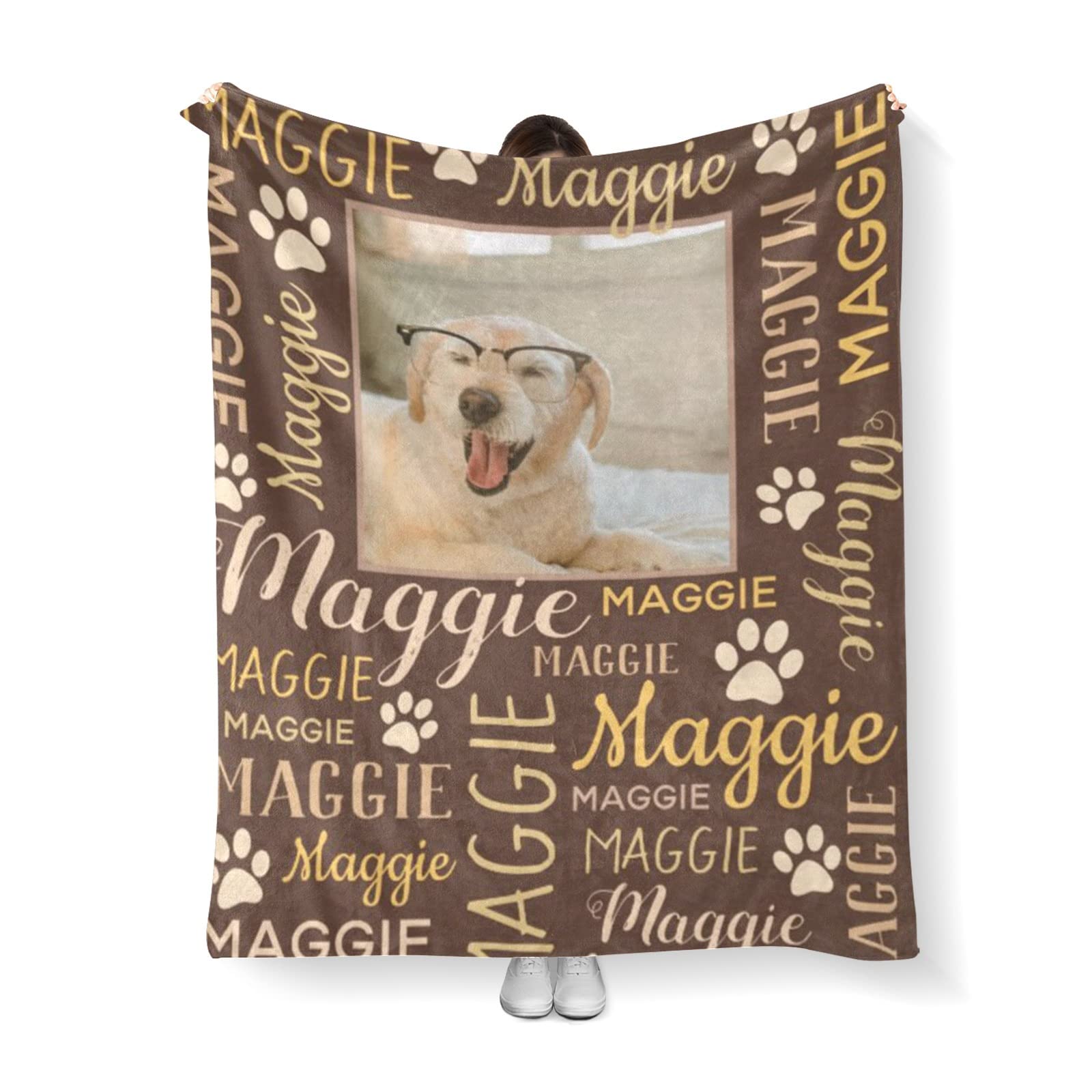 Personalized Dog Blanket Custom with Photo & Name, Pet Memorial Gifts, Personalized Blankets for Pets, Customized Soft Flannel Blankets for Dogs or Pets, Brown 50"x60"