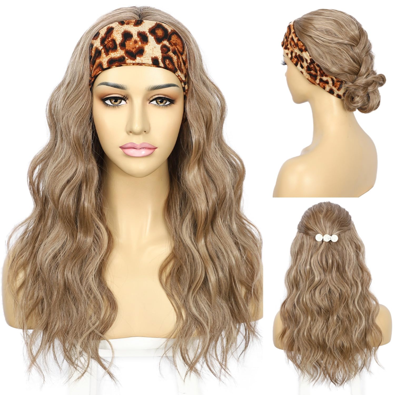 Sapphirewigs Headband Wig Brown Wavy Synthetic Headband Wigs for Women Body Wave Glueless Short Hair Daily Wear Date Party Halloween Christmas 20 inch