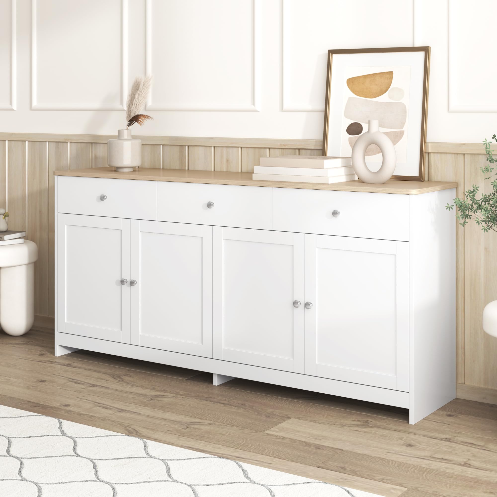 Aparador Cocina, Aparador Mueble de Cocina, Buffet Comedor Salon con 4 Puertas, Modern Mueble Auxiliar para Buffet, Vitrina con Estantes Regulables para Dormitorio y Salón, Blanco, 160x37x75cm