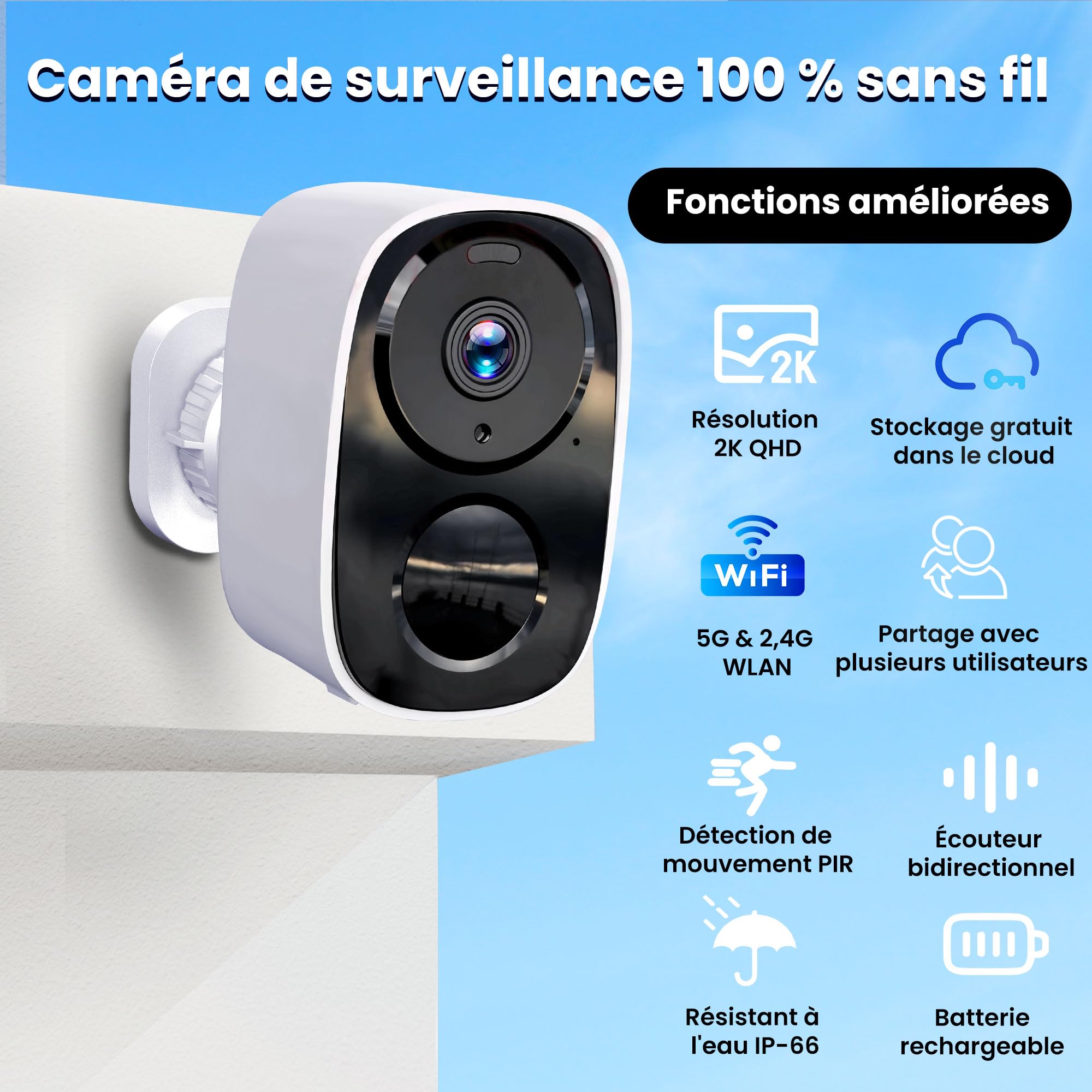 Funstorm 2K/3MP Caméra Surveillance Extérieur sans Fil à Batterie, Double Bande Wi-FI 2.4G/5GHz, Audio Bidirectionnel,Détection de Mouvement, Vision Nocturne en Couleur, IP66, Stockage Cloud Gratuit