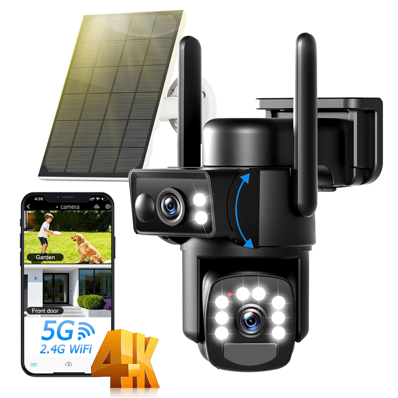 8MP Telecamera Wi-Fi Esterno Senza Fili con Pannello Solare 5W,Doppio Obiettivo Sorveglianza WiFi Videocamera Batteria 15000mAh,Visione Notturna Colori,Audio Bidirezionale,PIR Rilevamento,2.4G/5GHz
