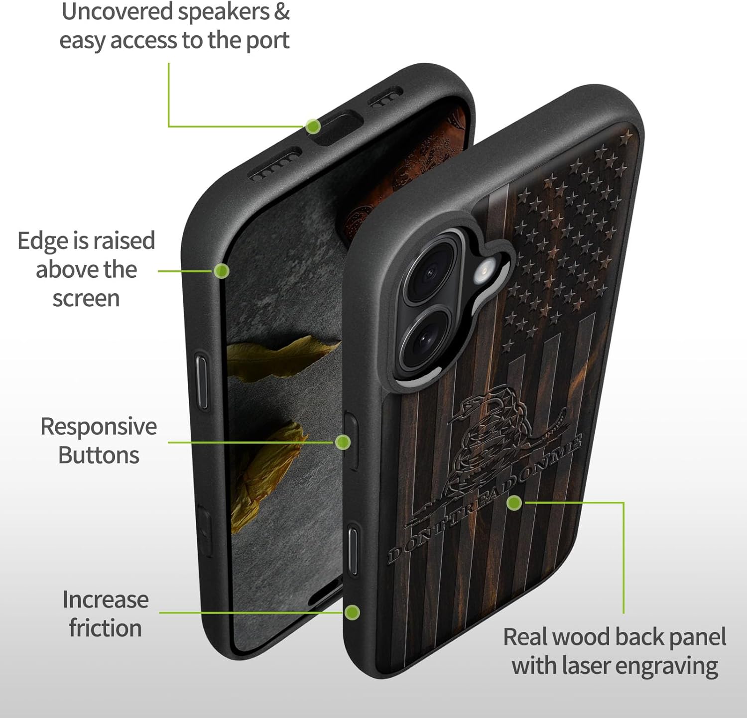 Carveit Magnetic Wooden Case for iPhone 17 Case, Wood Artisan Engraved & Black Soft TPU Shockproof Cover, Compatible with MagSafe Wireless Chargers (Gadsden and The American Flag) Blackwood