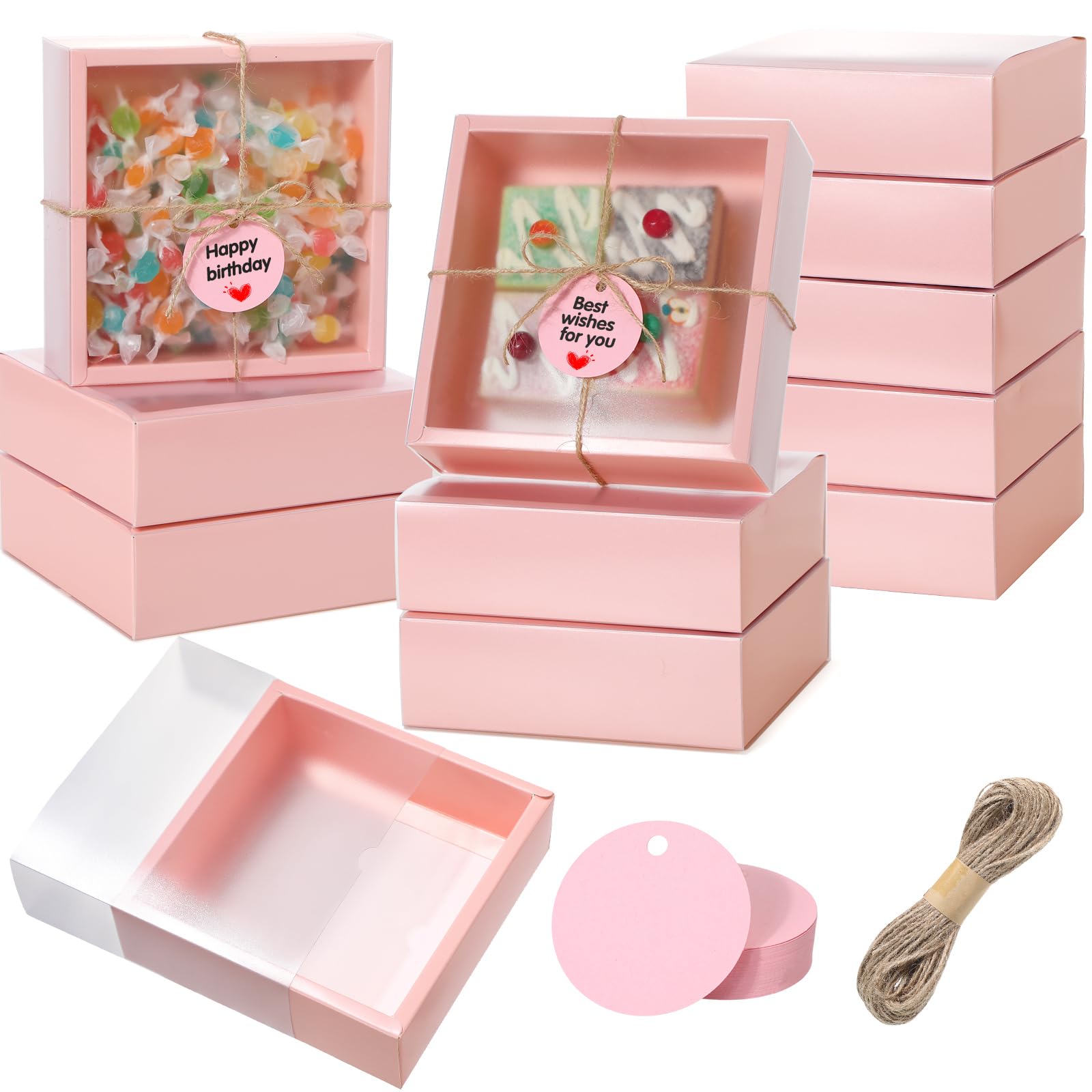 Roowest 50 Sets Kraft Homemade Gift Box Bundle with Blank Tags and Jute String (101 Items) for Jewelry Candy Wrapping Party Favor(6.5 x 6.5 x 2 Inch,