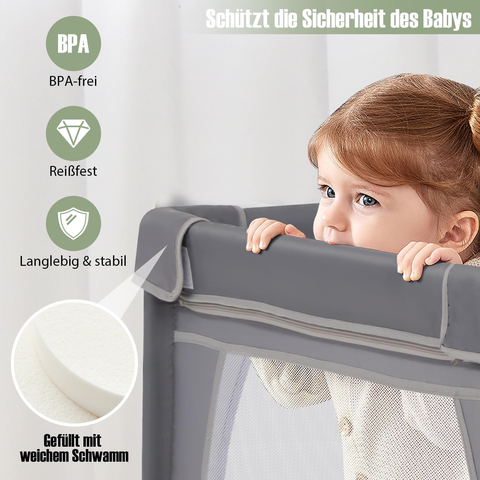 COSTWAY 205 x 147cm Laufstall Baby faltbar, Laufgitter mit 50 Bällen, 2 Türen, Seitentasche, atmungsaktivem Netz & Reißverschluss, Laufgitterzelt für Säuglinge & Kinder (Dunkelgrau)