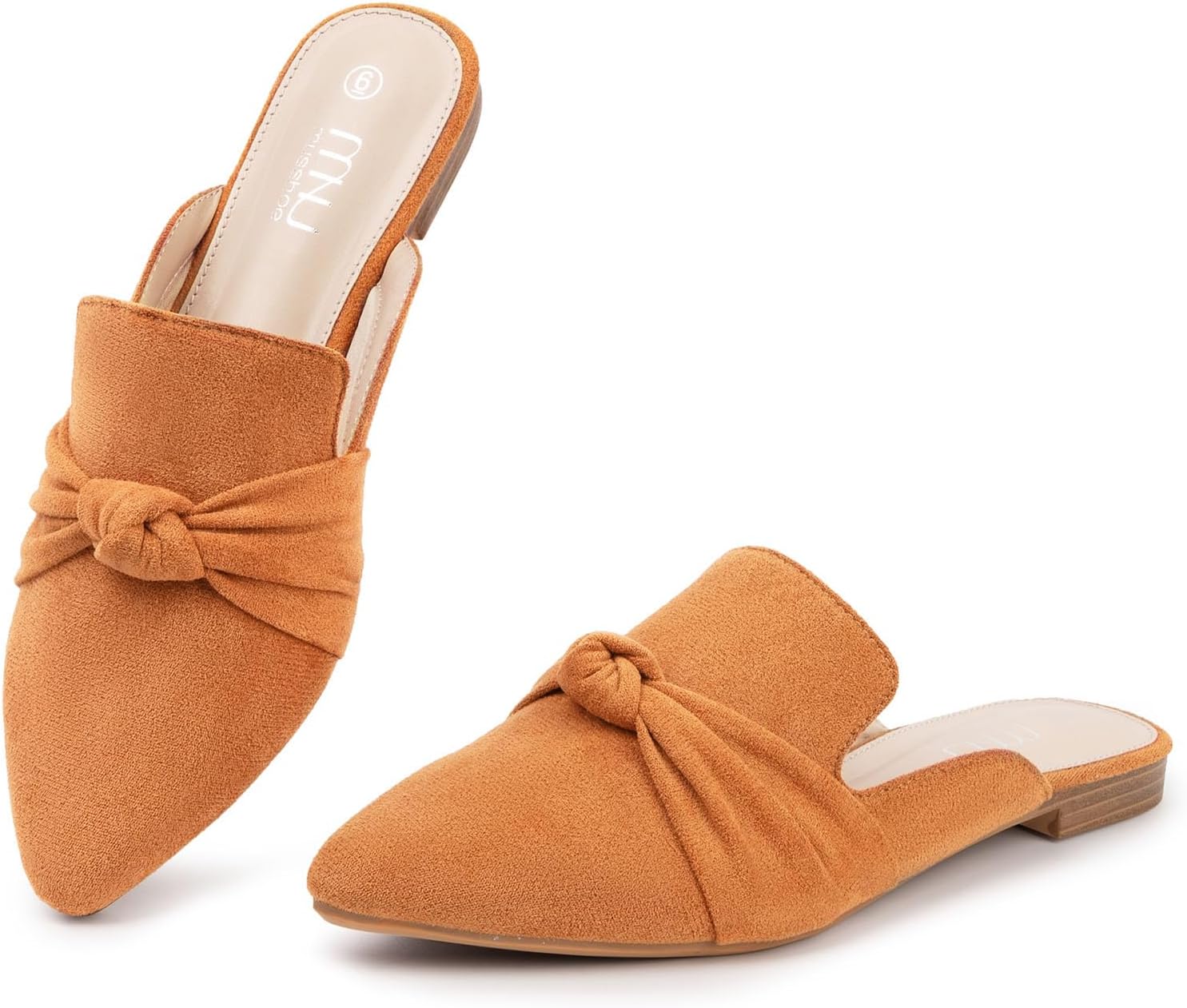 MUSSHOE Mules for Women with Bow Knot: Pointed Toe Flats - Cloud-Cushion Suede Backless Loafers for Office & Casual Wear - Wide-Fit Friendly Slip On Slides with Memory Foam