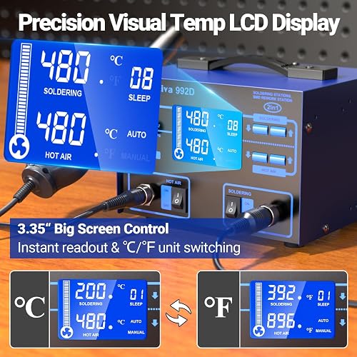 Preciva 992D Soldering Iron Kit, 690W Hot Air Gun & 60W Soldering Station, PID Temperature Control, Large LCD Display, Auto-Sleep Mode, for SMD, QFP, BGA Repair - 5