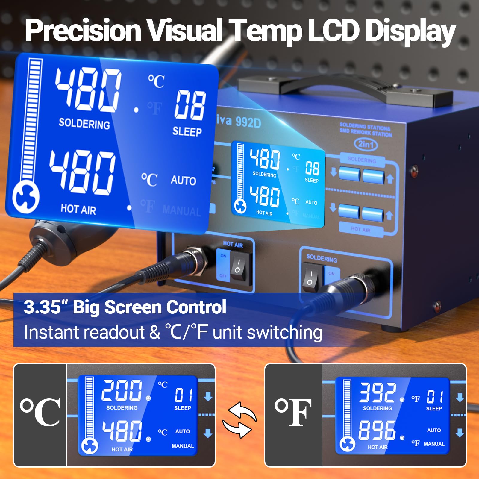 Preciva 992D Station de Soudage à Air Chaud, 690W Pistolet Air Chaud & 60W Fer a Souder, Contrôle de Température PID, Grand Écran LCD, Mode Veille Automatique, pour Réparation SMD, QFP, BGA